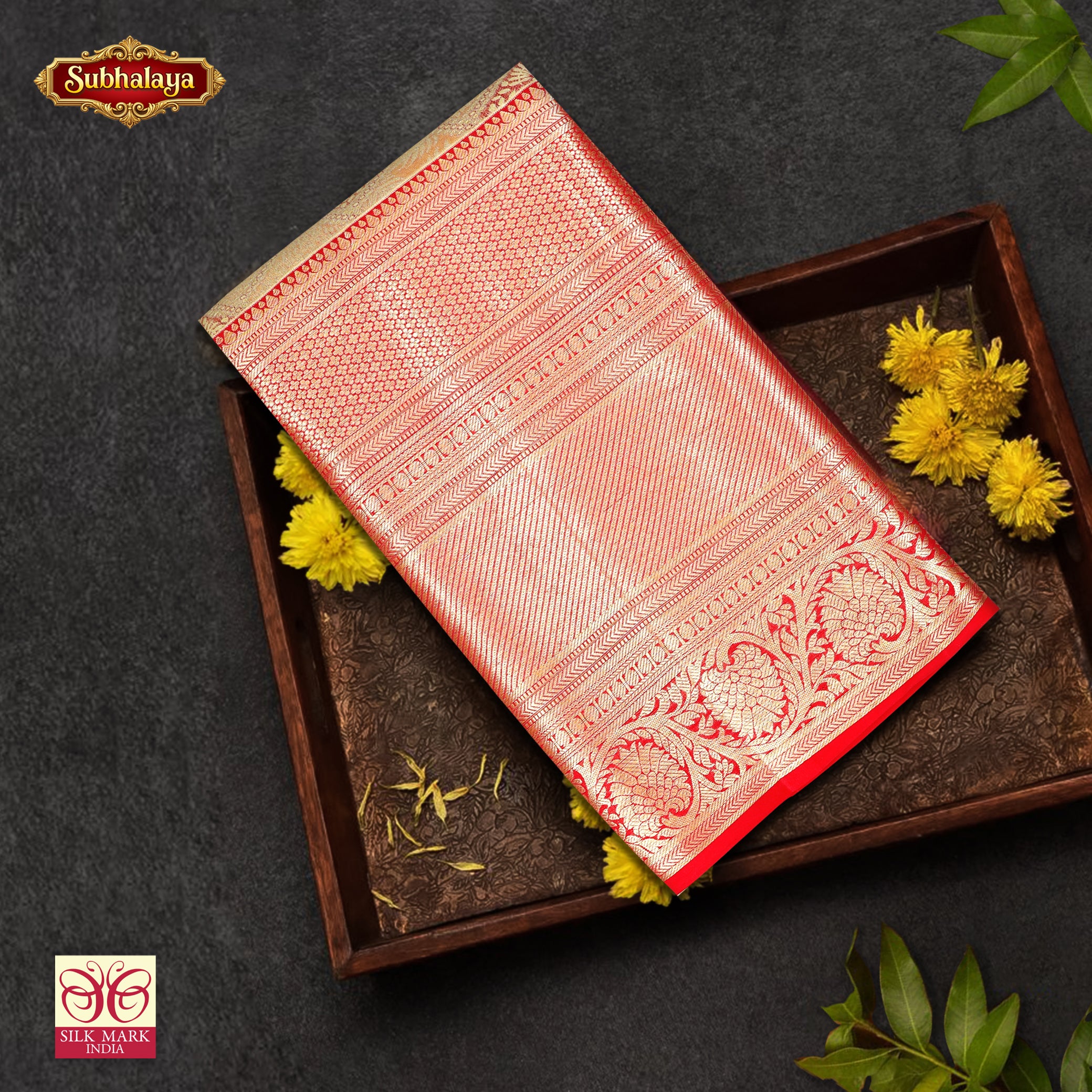 Golden Red With Gold Zari Tissue Wedding Silk Saree