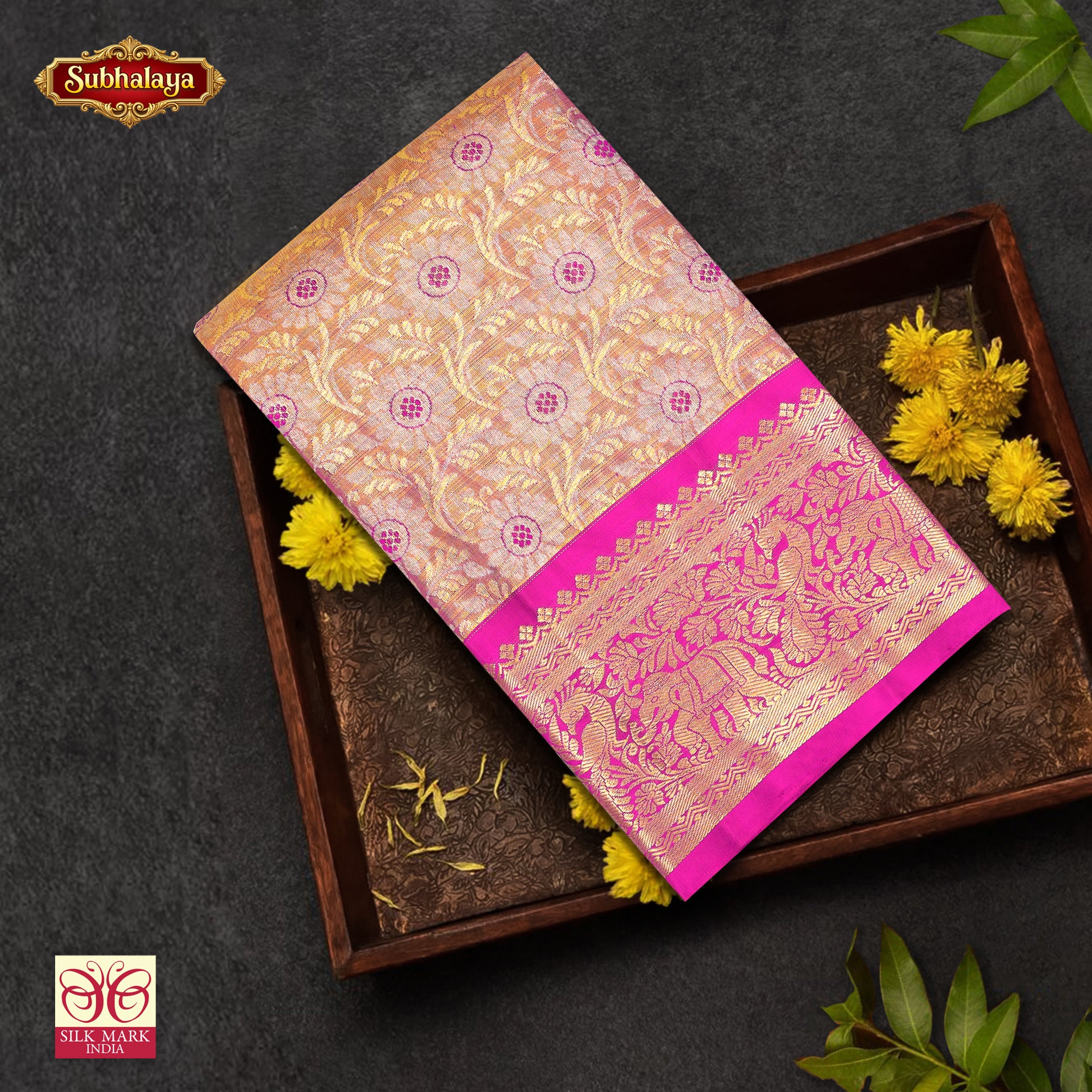 Golden With Baby Pink Gold Zari border Tissue Wedding Silk Saree