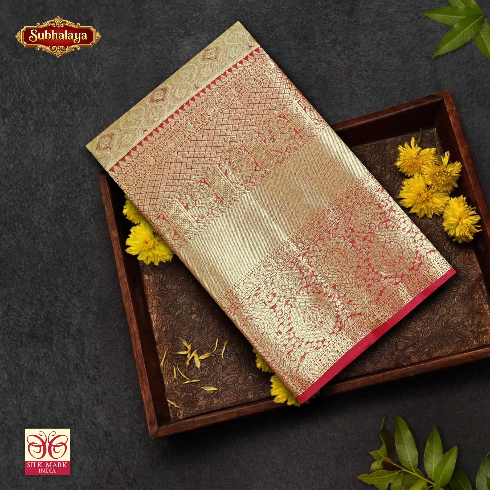 Red With Gold Zari border Tissue Wedding Silk Saree