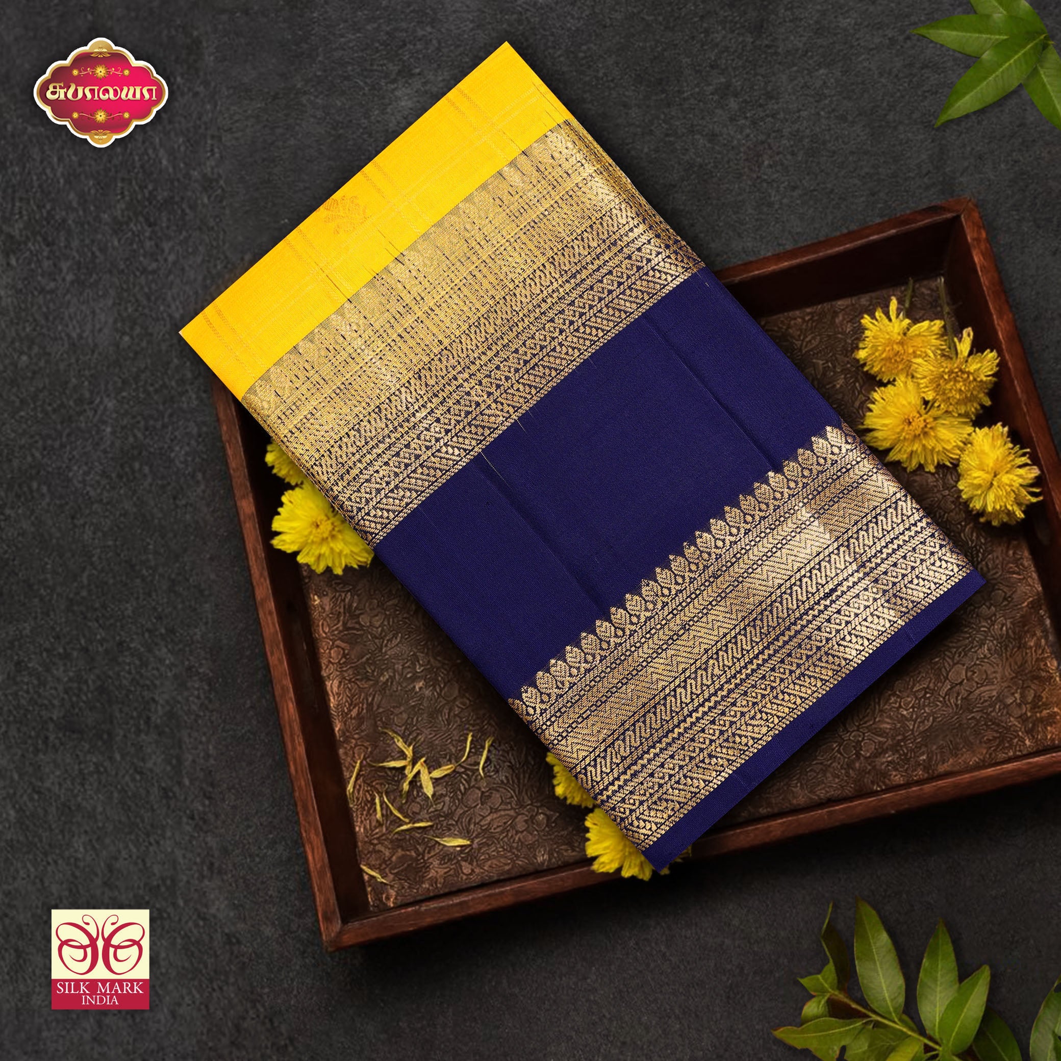 Mustard Yellow With Royal Blue Gold Zeri  Arani Wedding silk Saree