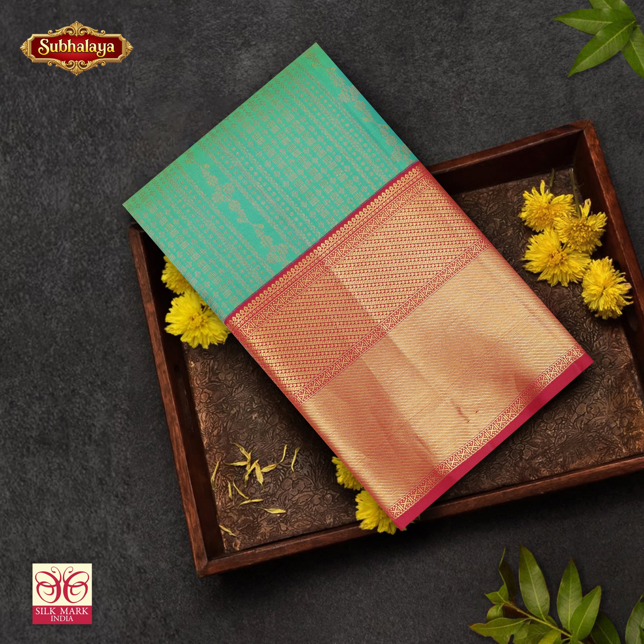 Sea Green With Red Gold Zari border Subhalaya Wedding Silk Saree