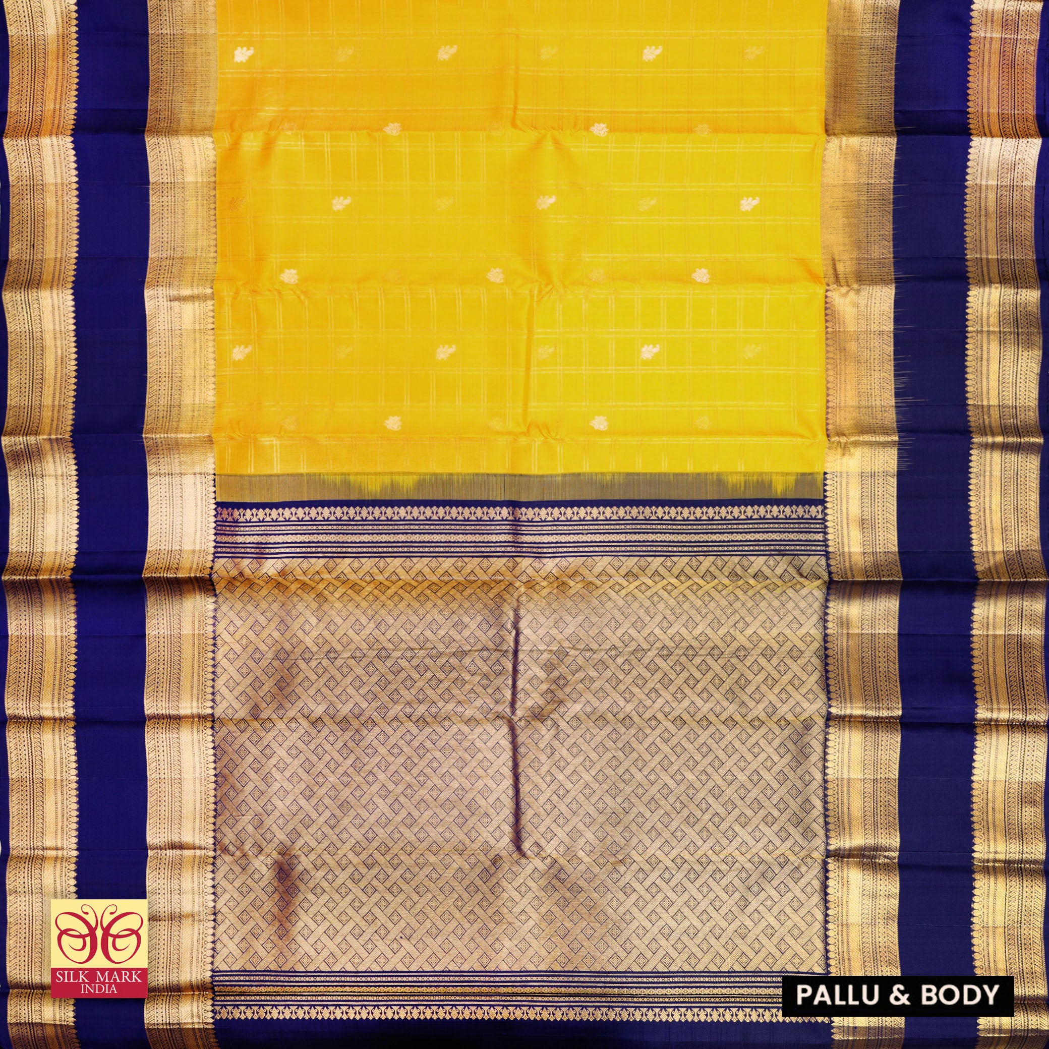 Mustard Yellow With Royal Blue Gold Zeri  Arani Wedding silk Saree