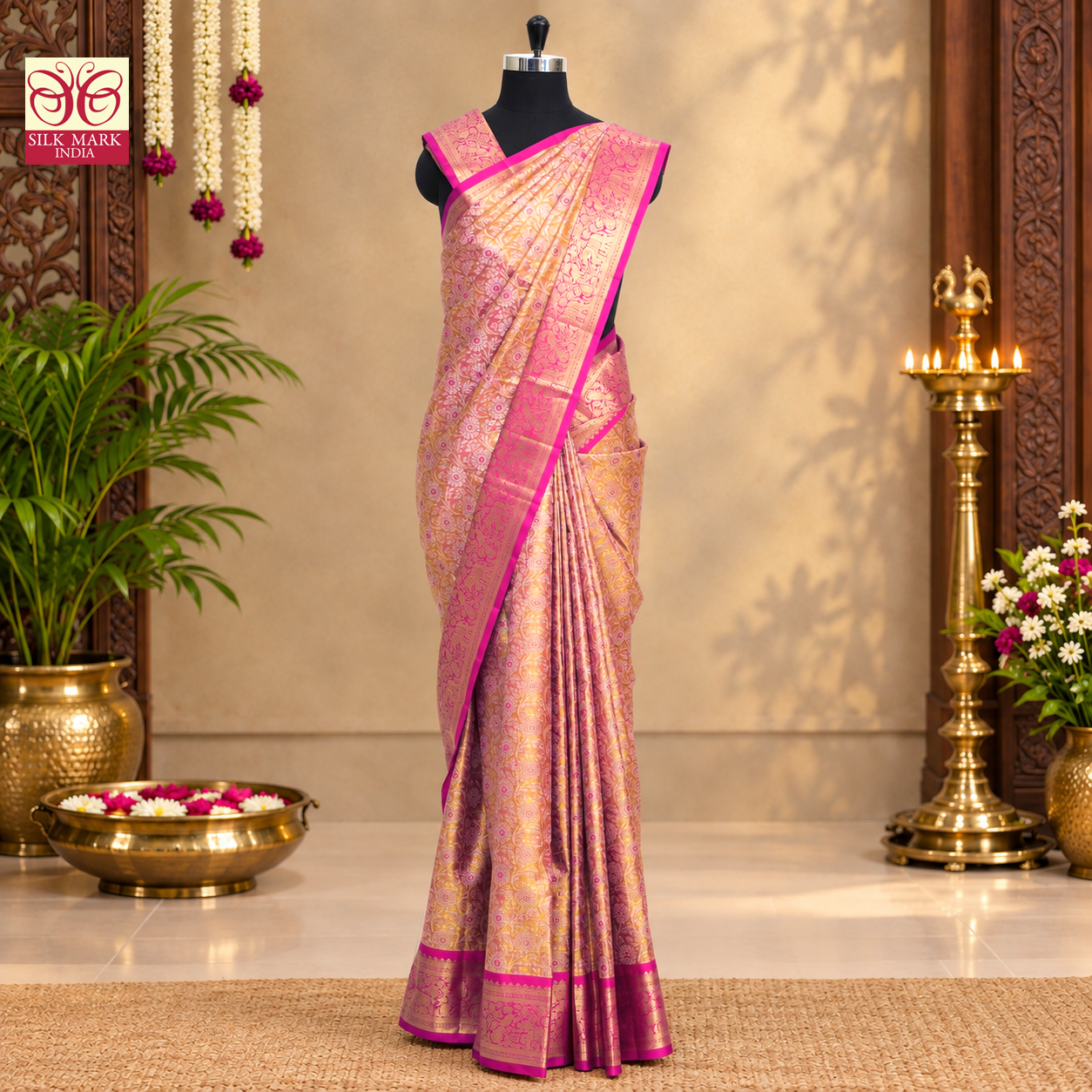 Golden With Baby Pink Gold Zari border Tissue Wedding Silk Saree