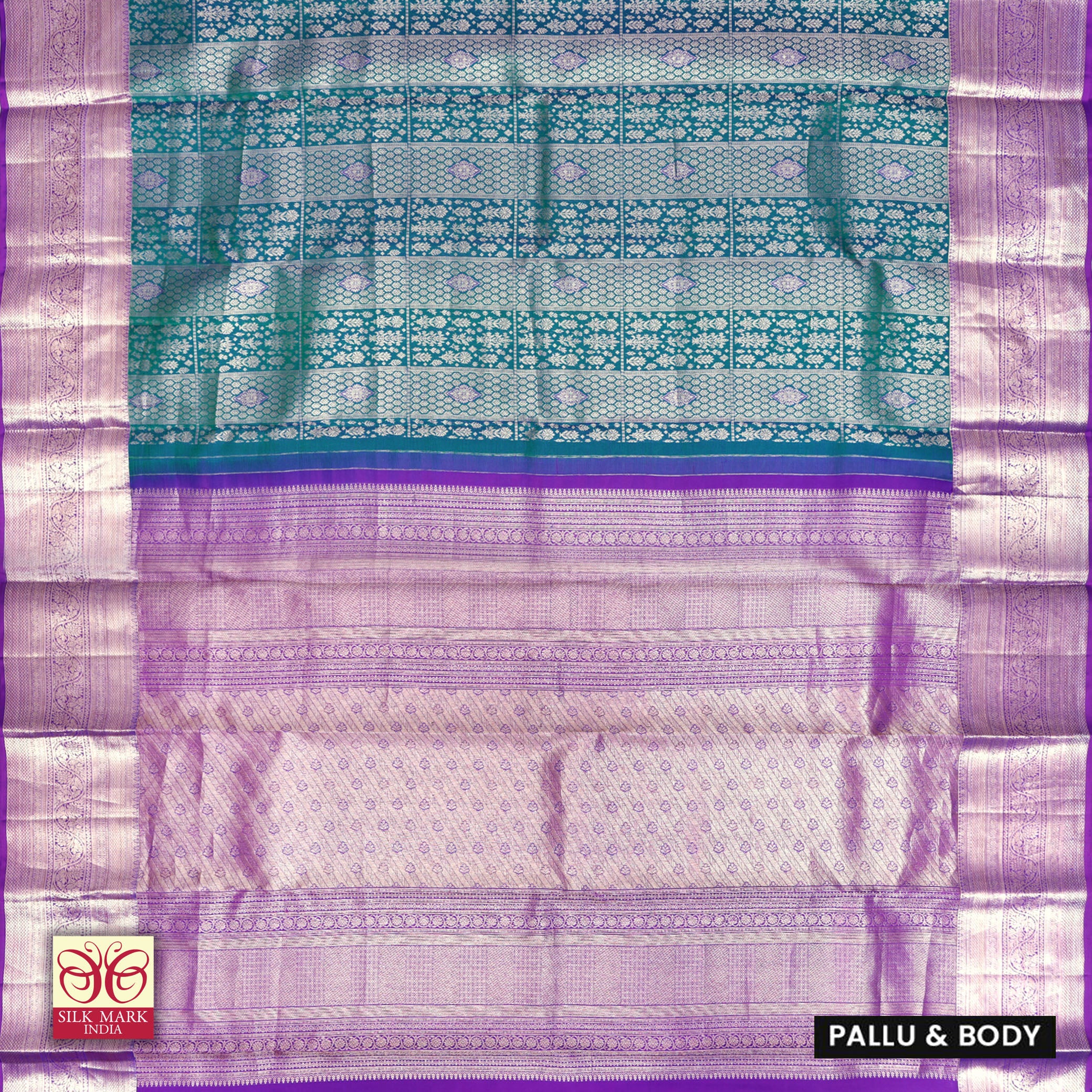 Teal Green With Purple Gold Zeri Subalaya Wedding Silk Saree