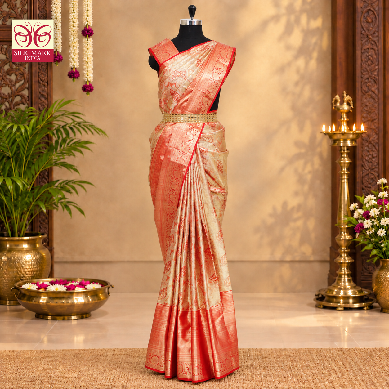 Golden Red With Gold Zari Tissue Wedding Silk Saree