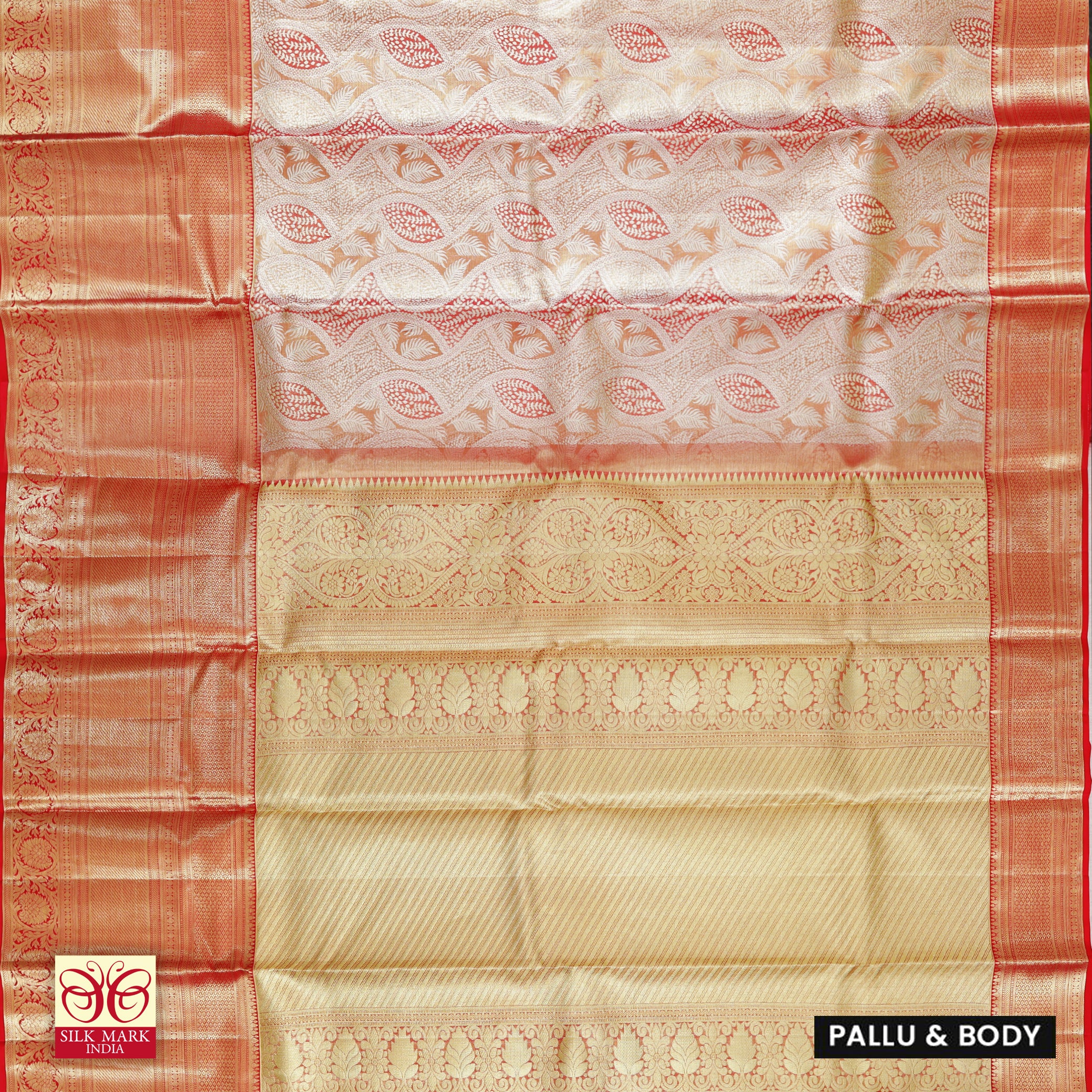 Golden Red With Gold Zari Tissue Wedding Silk Saree