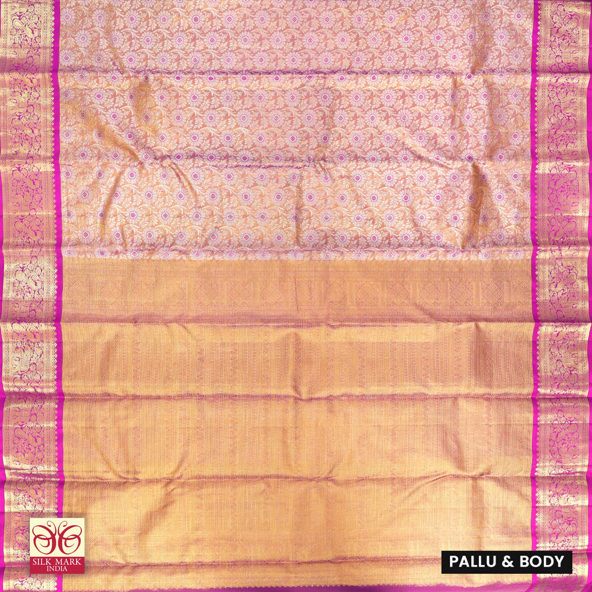 Golden With Baby Pink Gold Zari border Tissue Wedding Silk Saree