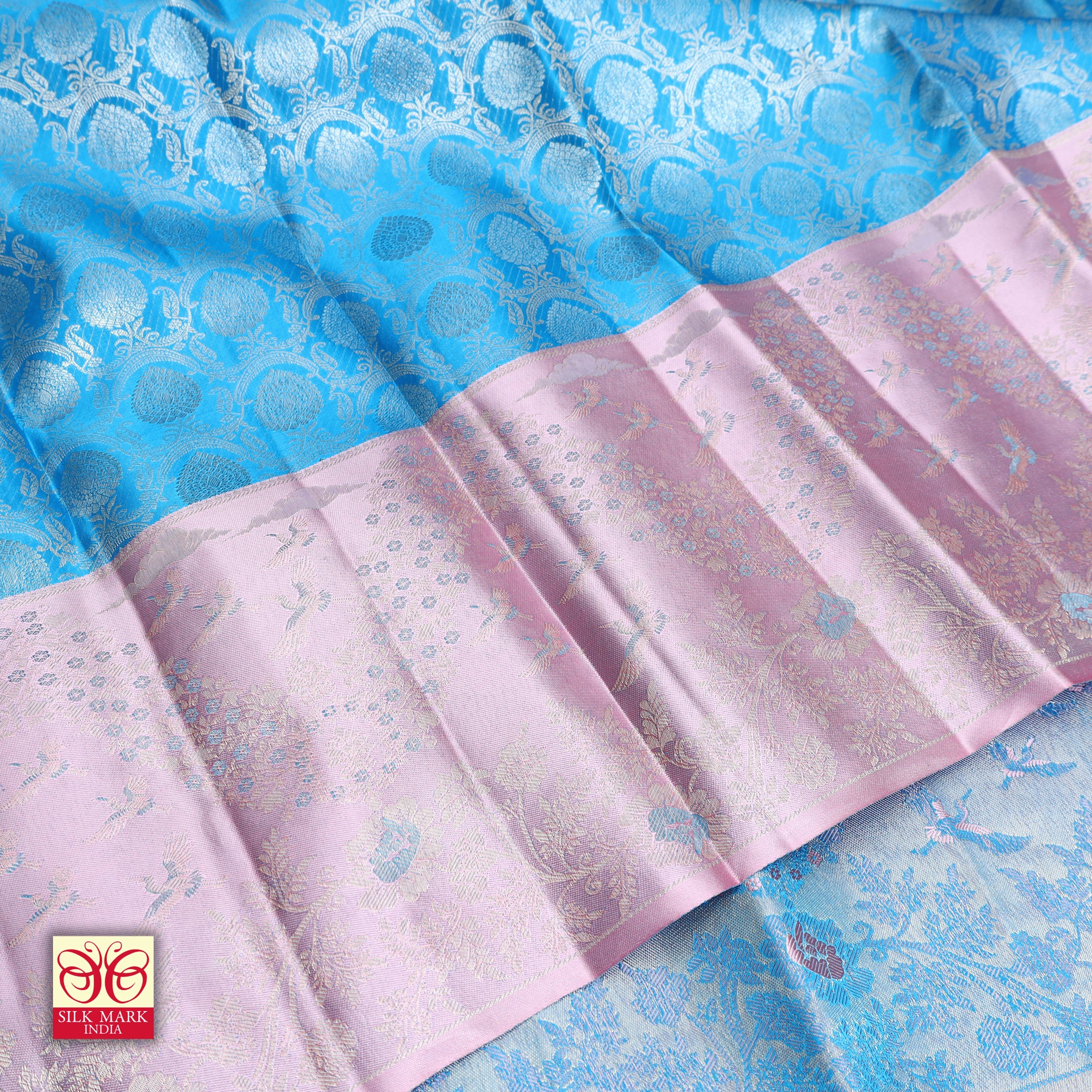 Sky Blue With Lavender Pink Gold Zeri Subalaya Wedding Silk Saree