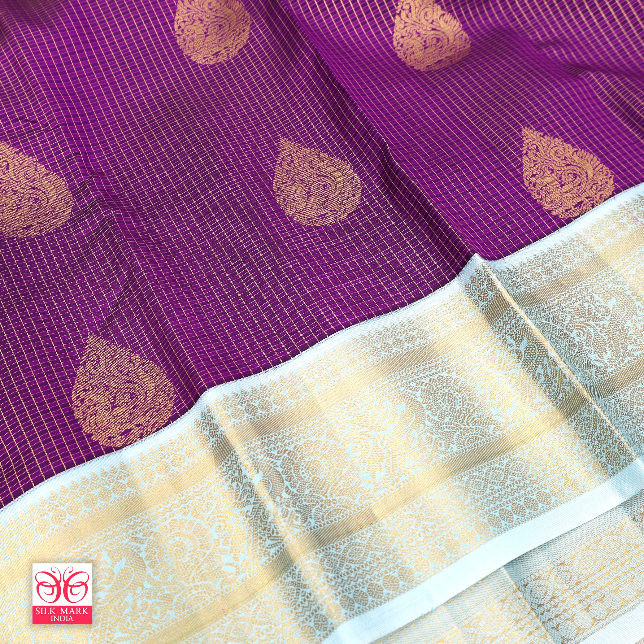 Megenta Purple With Light Blue Kanchipuram Pure Soft Silk Saree