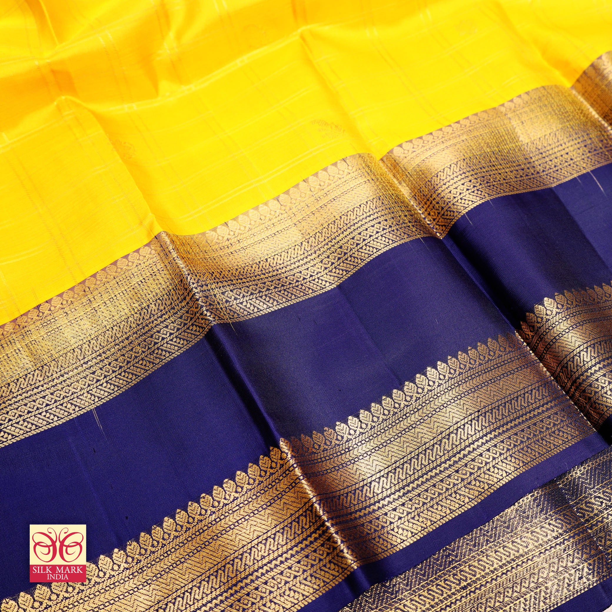 Mustard Yellow With Royal Blue Gold Zeri  Arani Wedding silk Saree