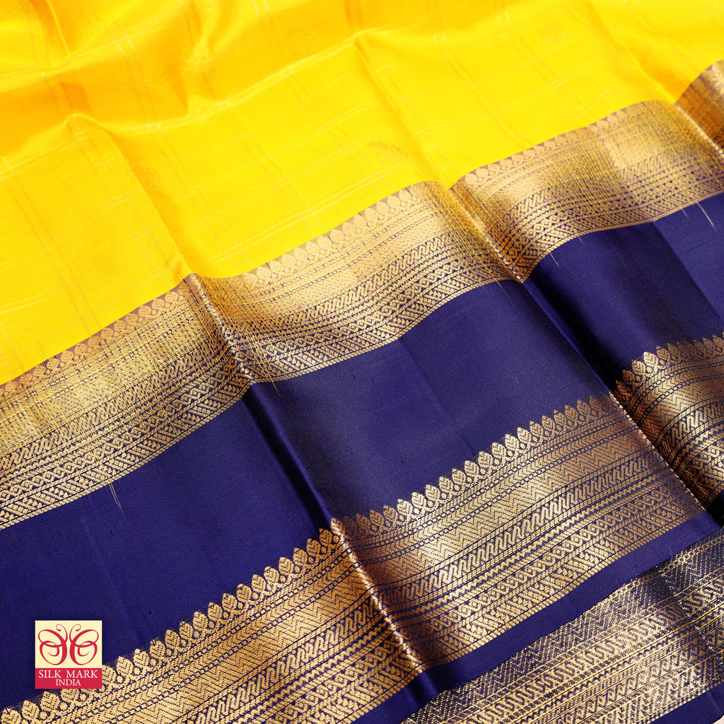 Mustard Yellow With Royal Blue Gold Zeri  Arani Wedding silk Saree