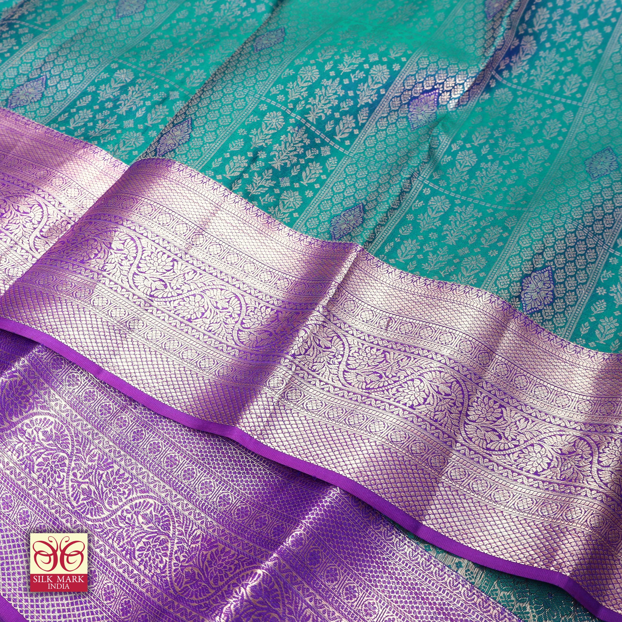 Teal Green With Purple Gold Zeri Subalaya Wedding Silk Saree