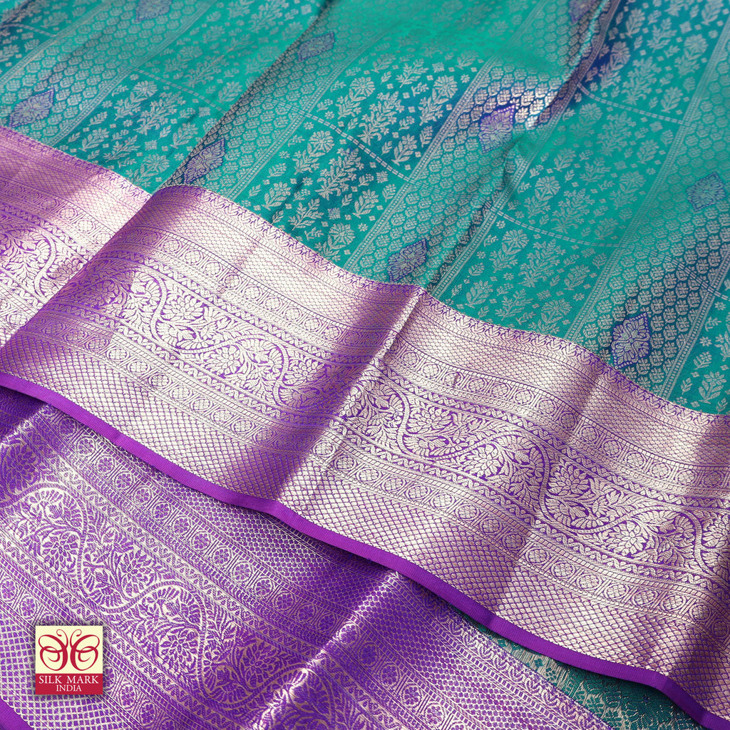 Teal Green With Purple Gold Zeri Subalaya Wedding Silk Saree