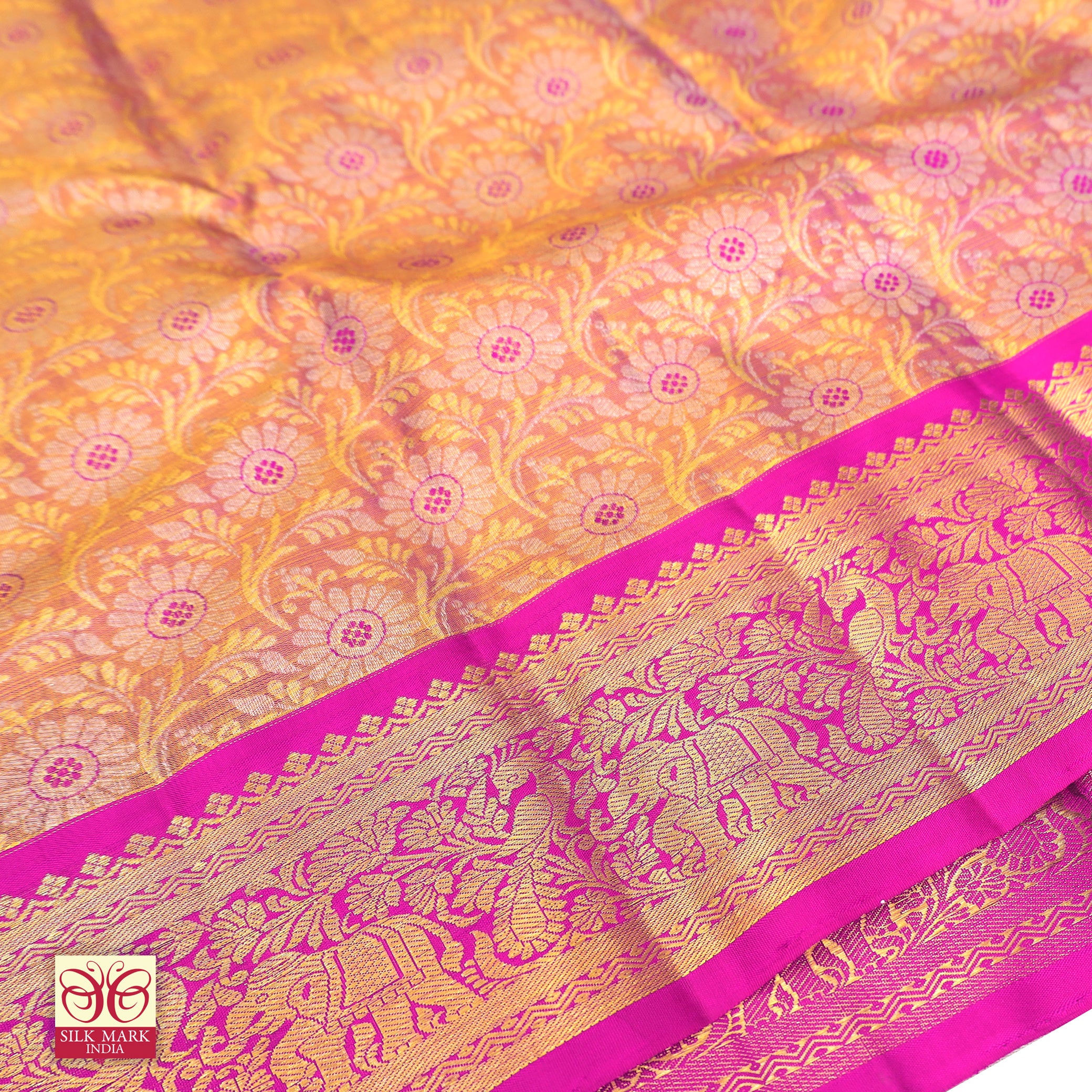Golden With Baby Pink Gold Zari border Tissue Wedding Silk Saree