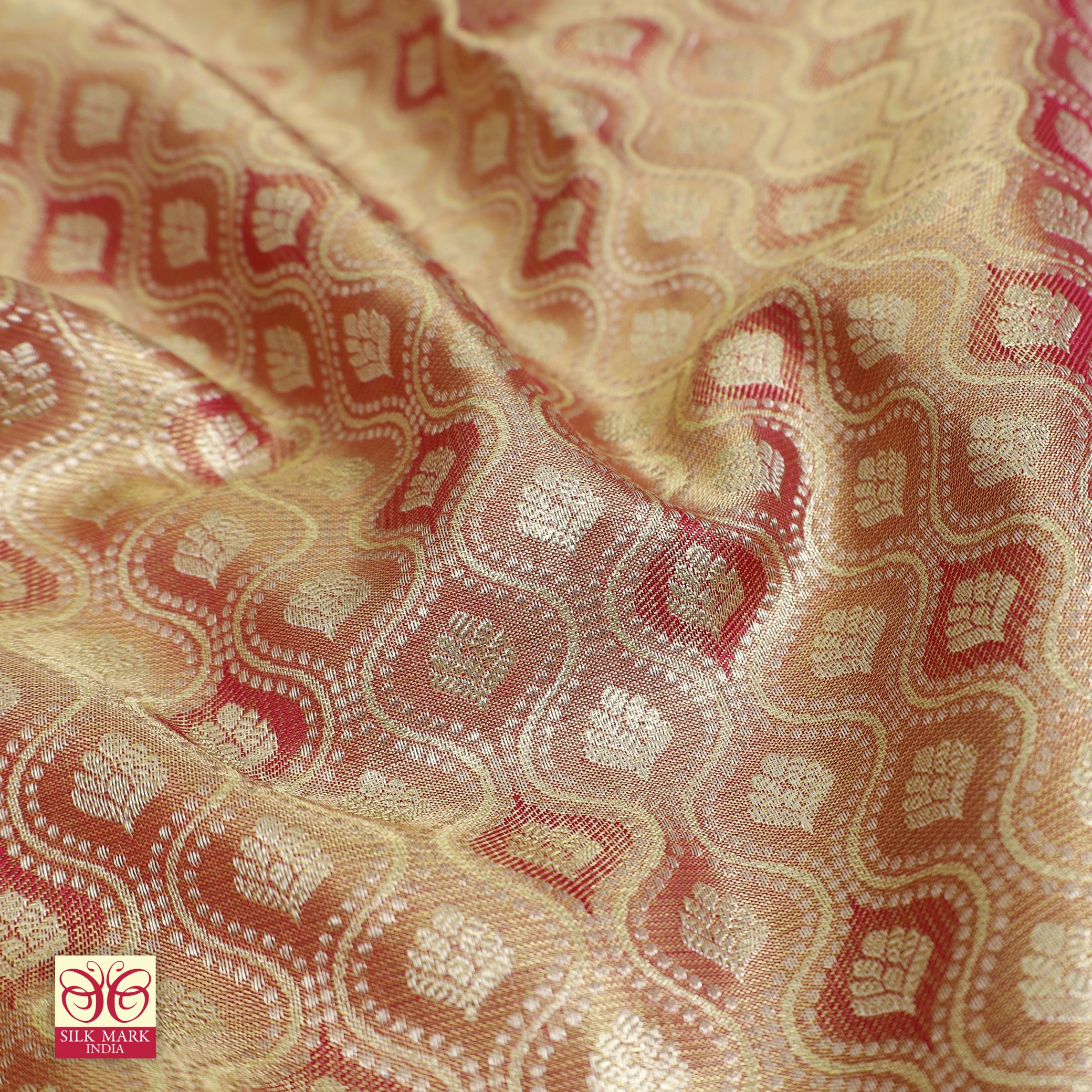 Red With Gold Zari border Tissue Wedding Silk Saree