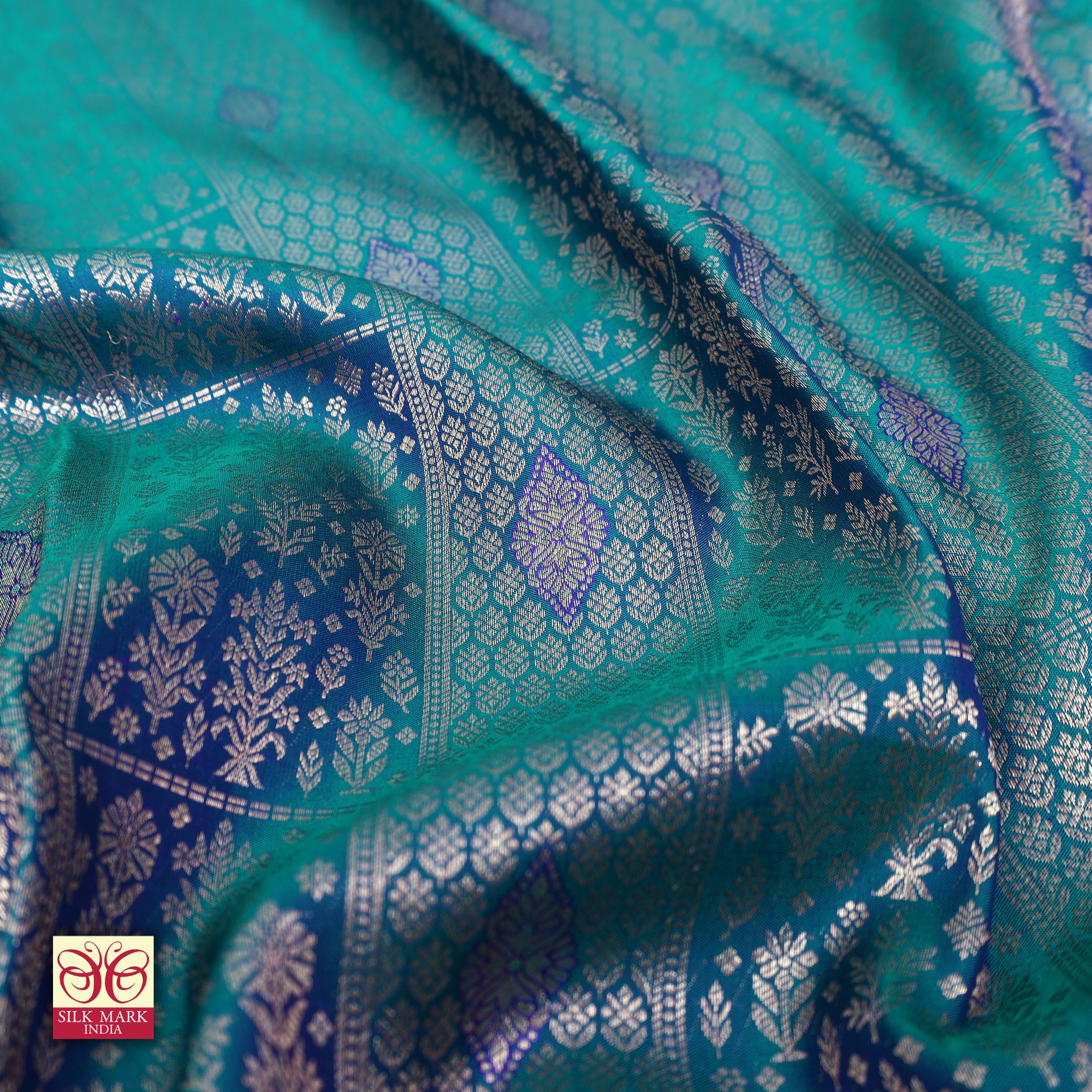 Teal Green With Purple Gold Zeri Subalaya Wedding Silk Saree