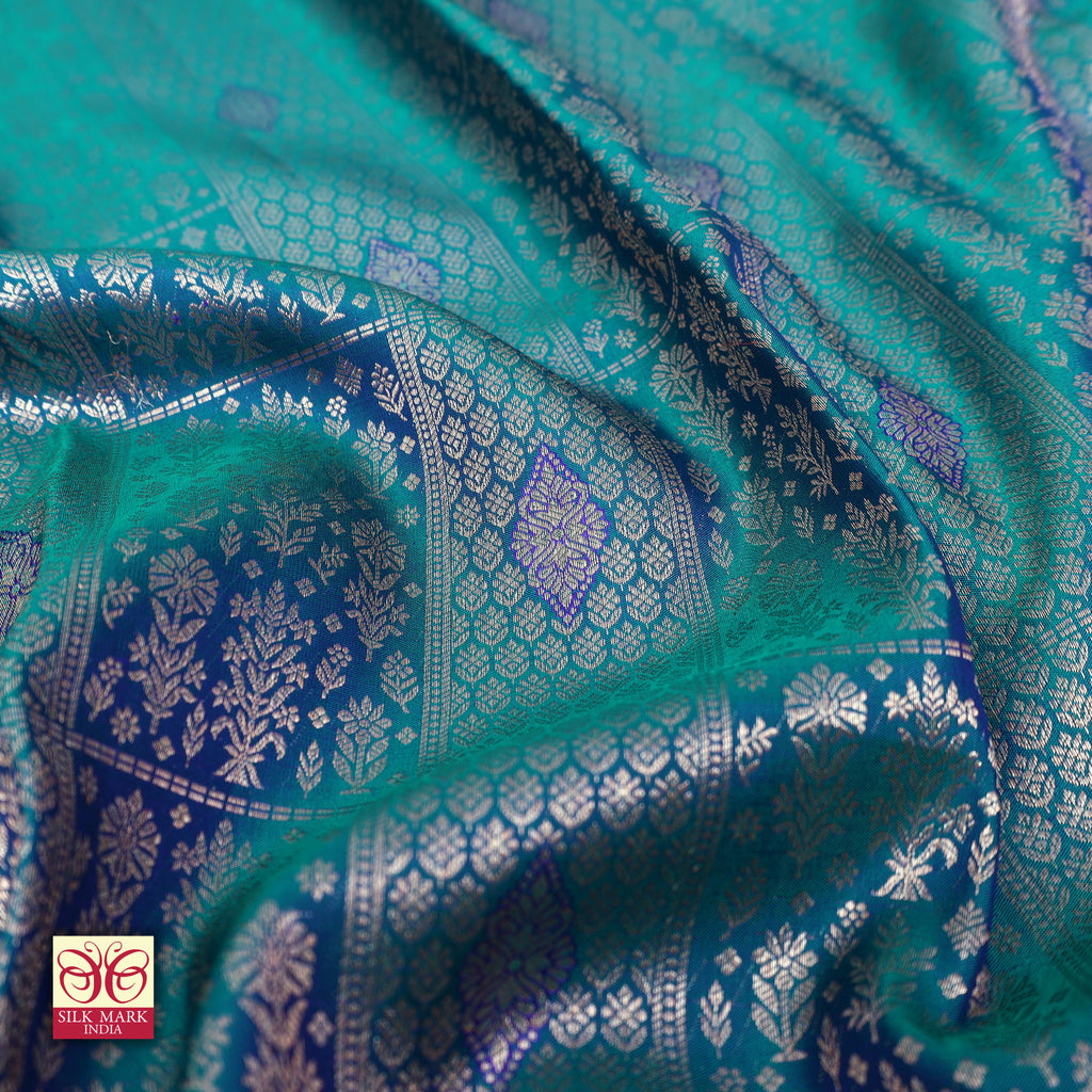 Teal Green With Purple Gold Zeri Subalaya Wedding Silk Saree
