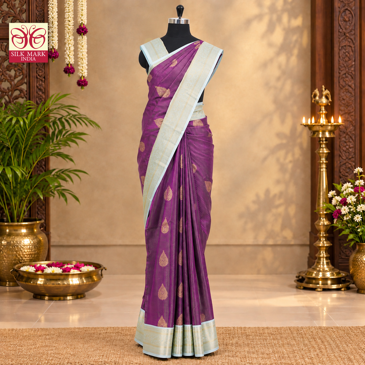 Megenta Purple With Light Blue Kanchipuram Pure Soft Silk Saree