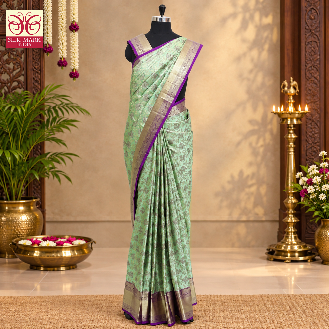 Pista Green With Purple Gold Zari Border Subalaya Weeding Silk Saree