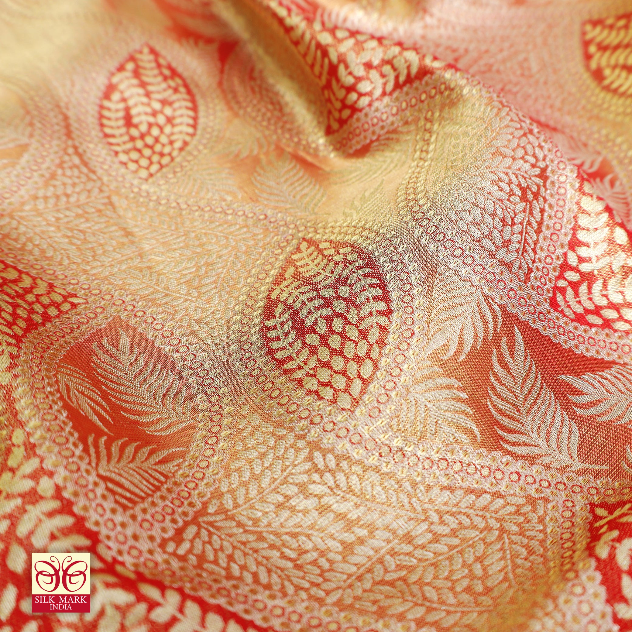 Golden Red With Gold Zari Tissue Wedding Silk Saree