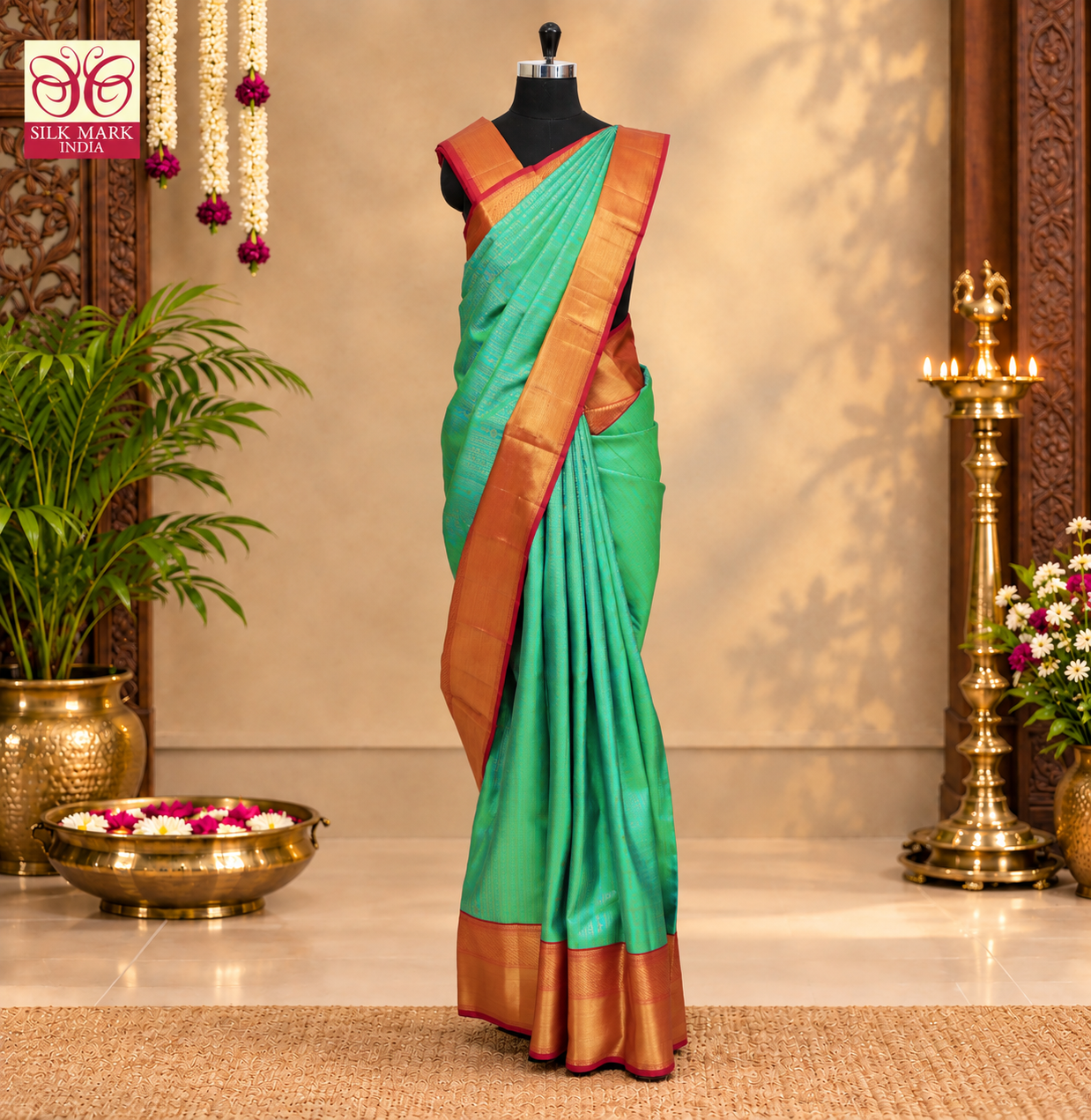 Sea Green With Red Gold Zari border Subhalaya Wedding Silk Saree