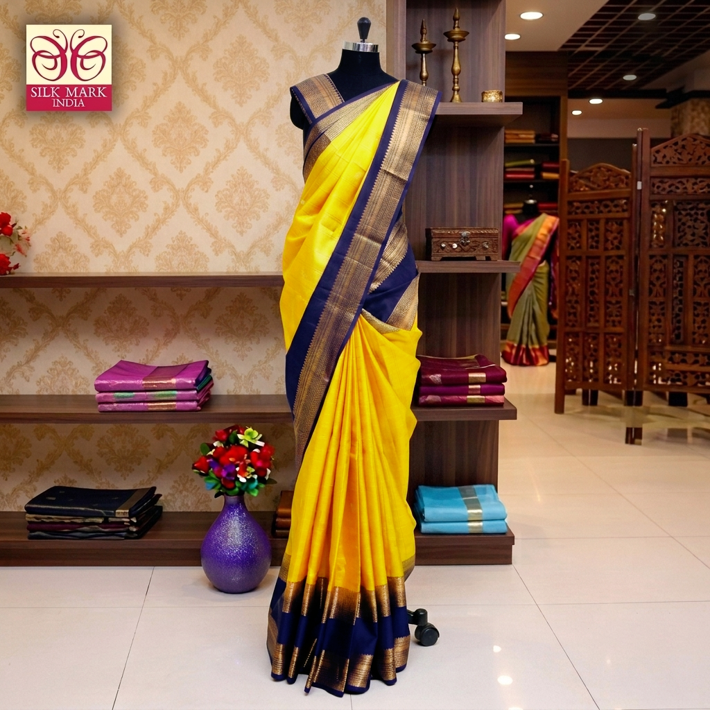 Mustard Yellow With Royal Blue Gold Zeri  Arani Wedding silk Saree