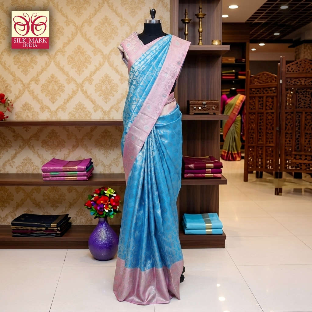 Sky Blue With Lavender Pink Gold Zeri Subalaya Wedding Silk Saree