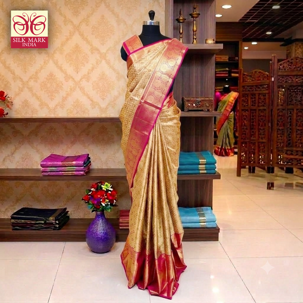 Red With Gold Zari border Tissue Wedding Silk Saree
