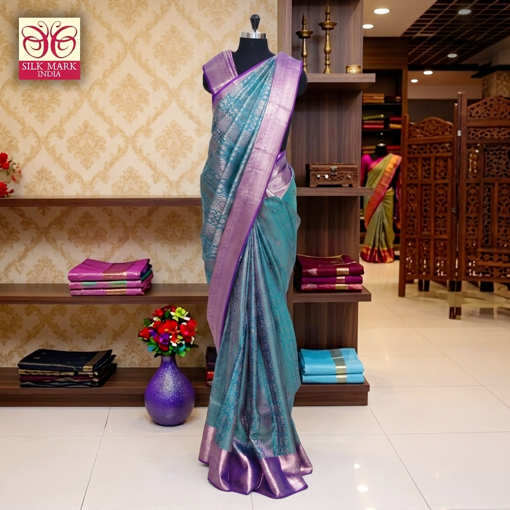 Teal Green With Purple Gold Zeri Subalaya Wedding Silk Saree
