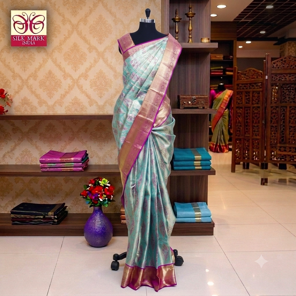 Sea Green With Magenta Pink Gold Zeri Tissue KanchipuramWedding Silk Saree