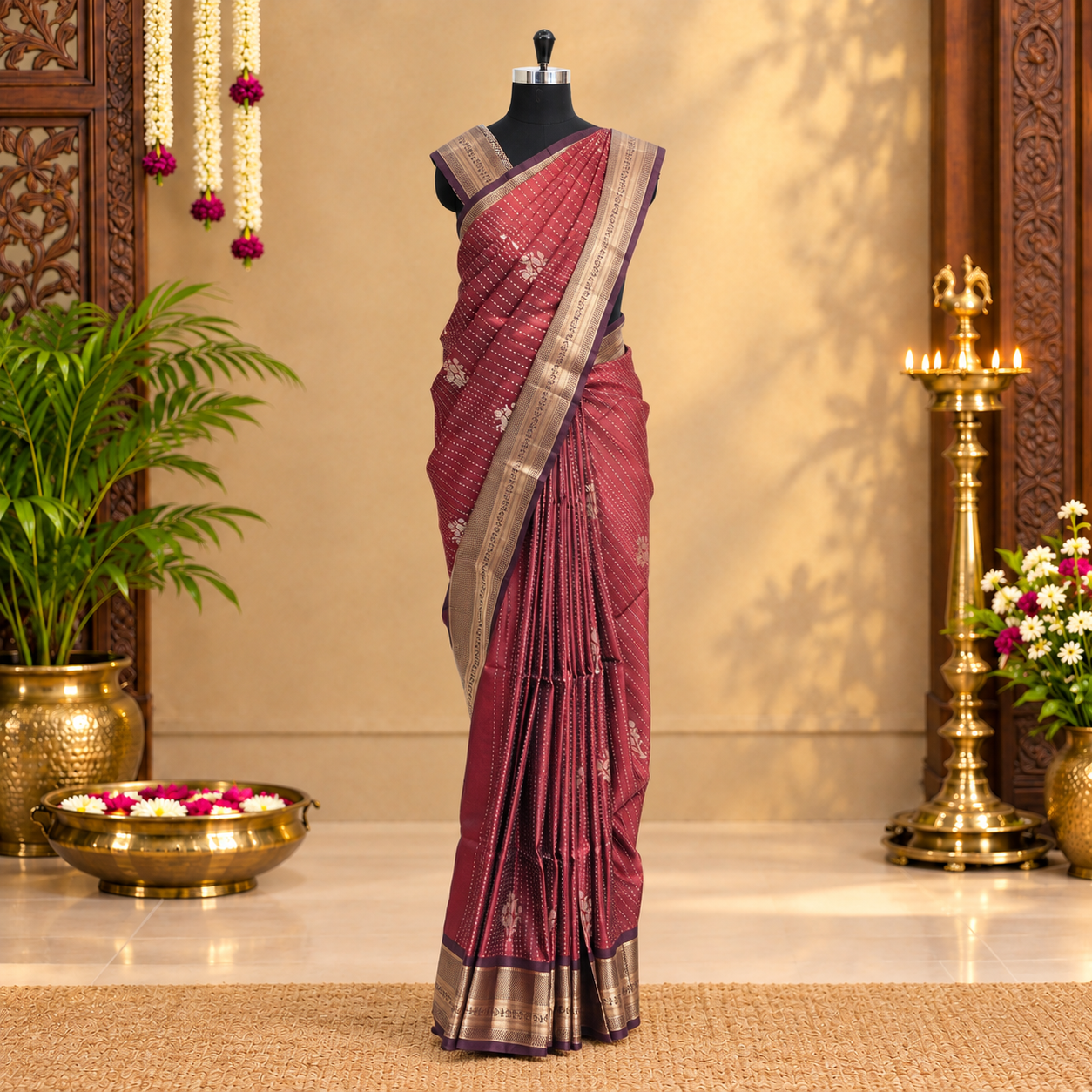 Maroon With Dark Chocolate Brown Premium Pure Soft Silk Saree