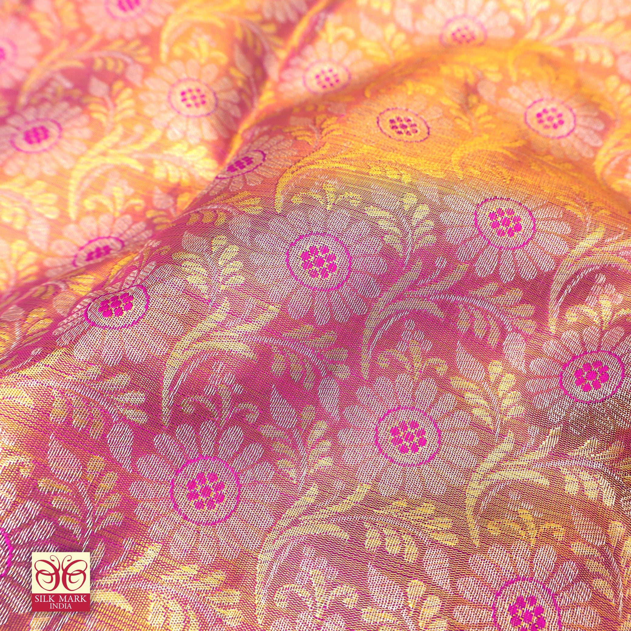 Golden With Baby Pink Gold Zari border Tissue Wedding Silk Saree