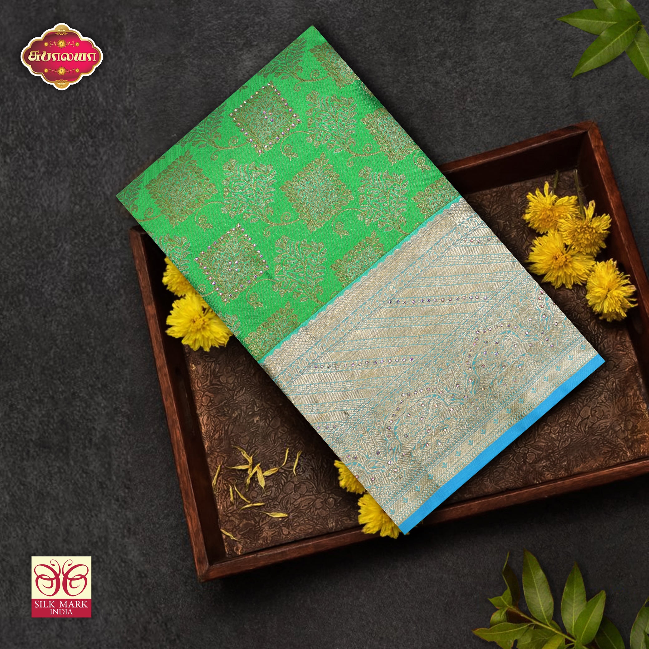 Parrot Green With Sky Blue Gold Zeri Subalaya Wedding Silk Saree