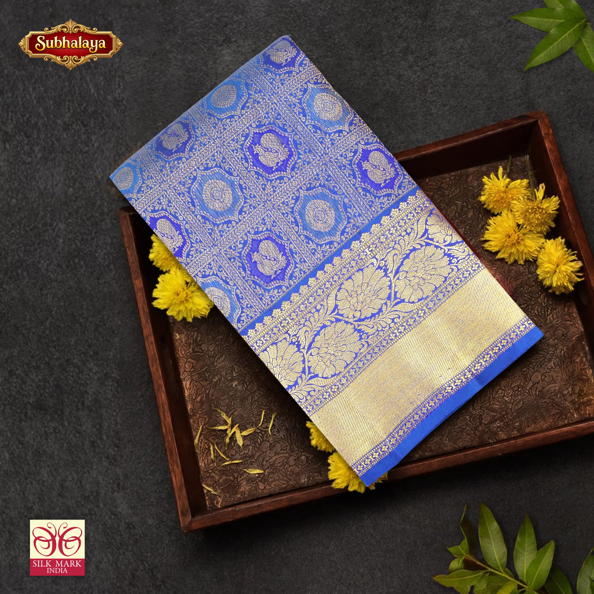 Ink Blue With Gold Zari border Subalaya Wedding Silk Saree