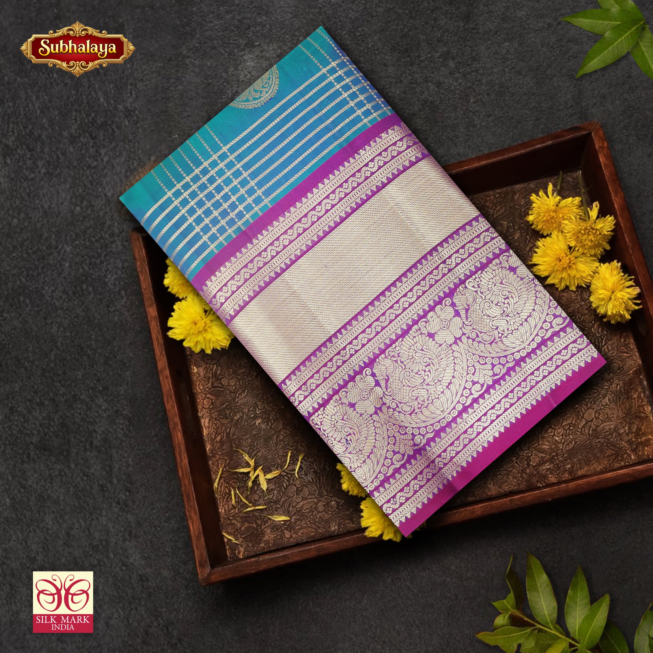 Peacock Blue With Purple Kanchipuram Pure Soft Silk Saree