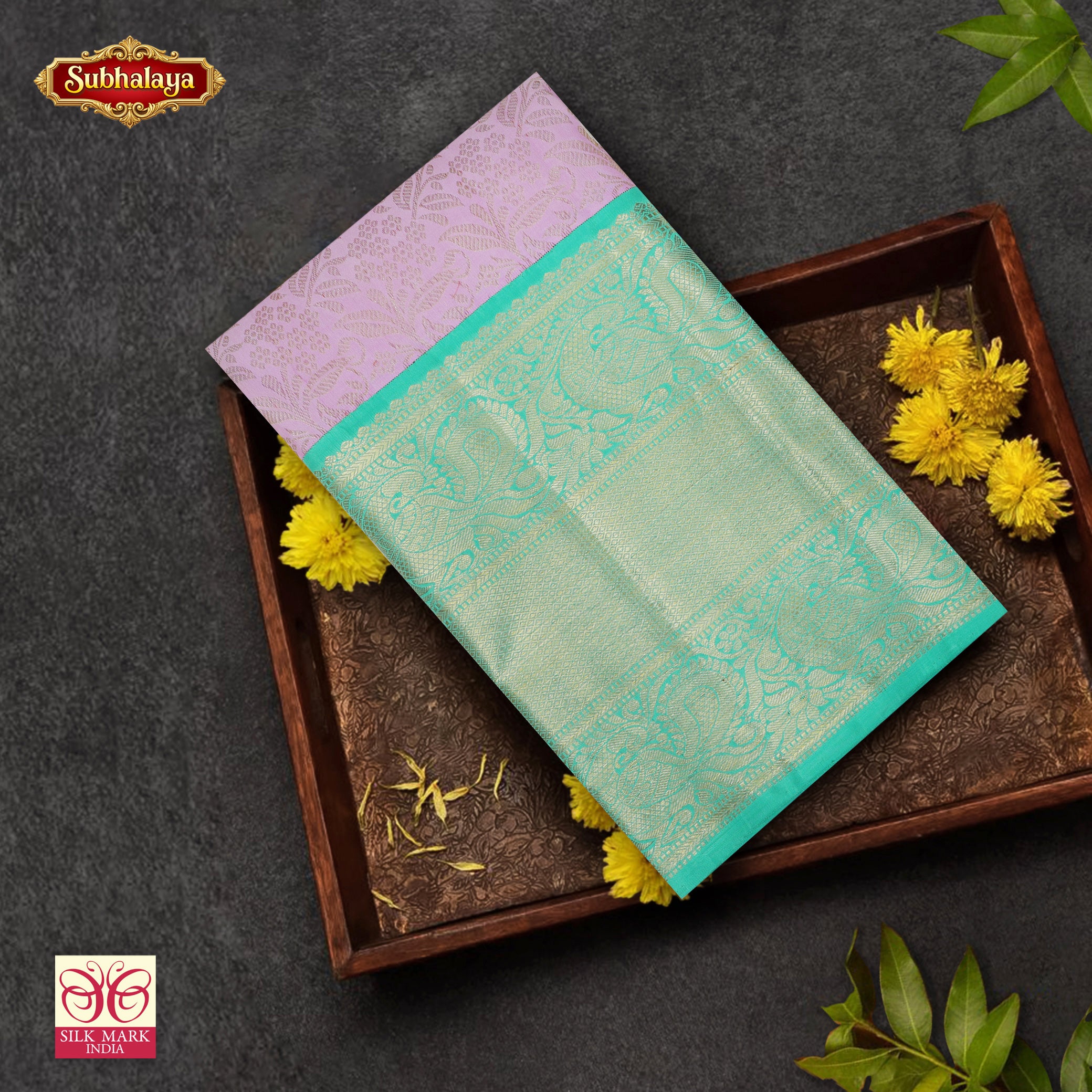 Lavender With Sea Green Gold  Zari Long border Kachipuram Wedding Silk Saree