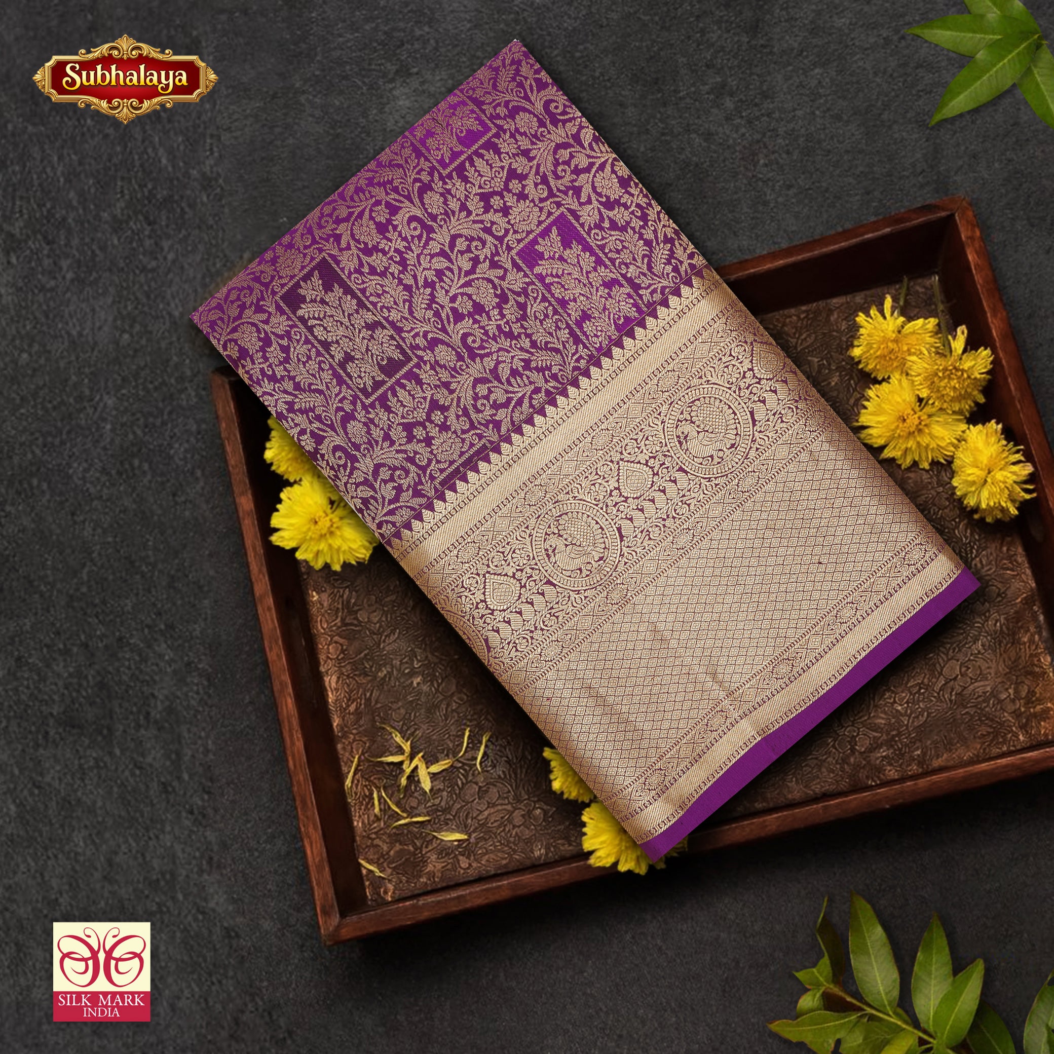 Violet With Gold Zari Border Subalaya Wedding Silk Saree    .