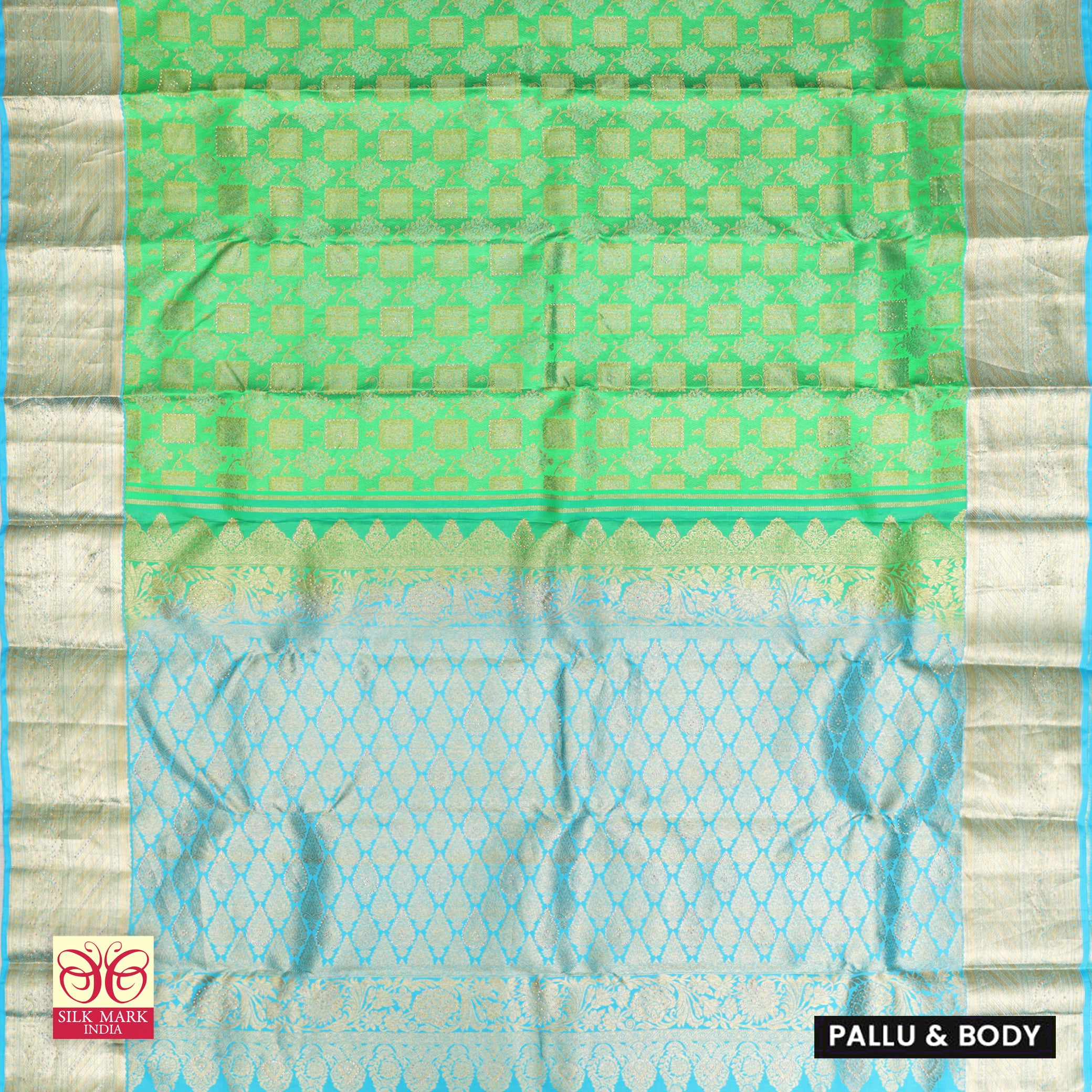 Parrot Green With Sky Blue Gold Zeri Subalaya Wedding Silk Saree