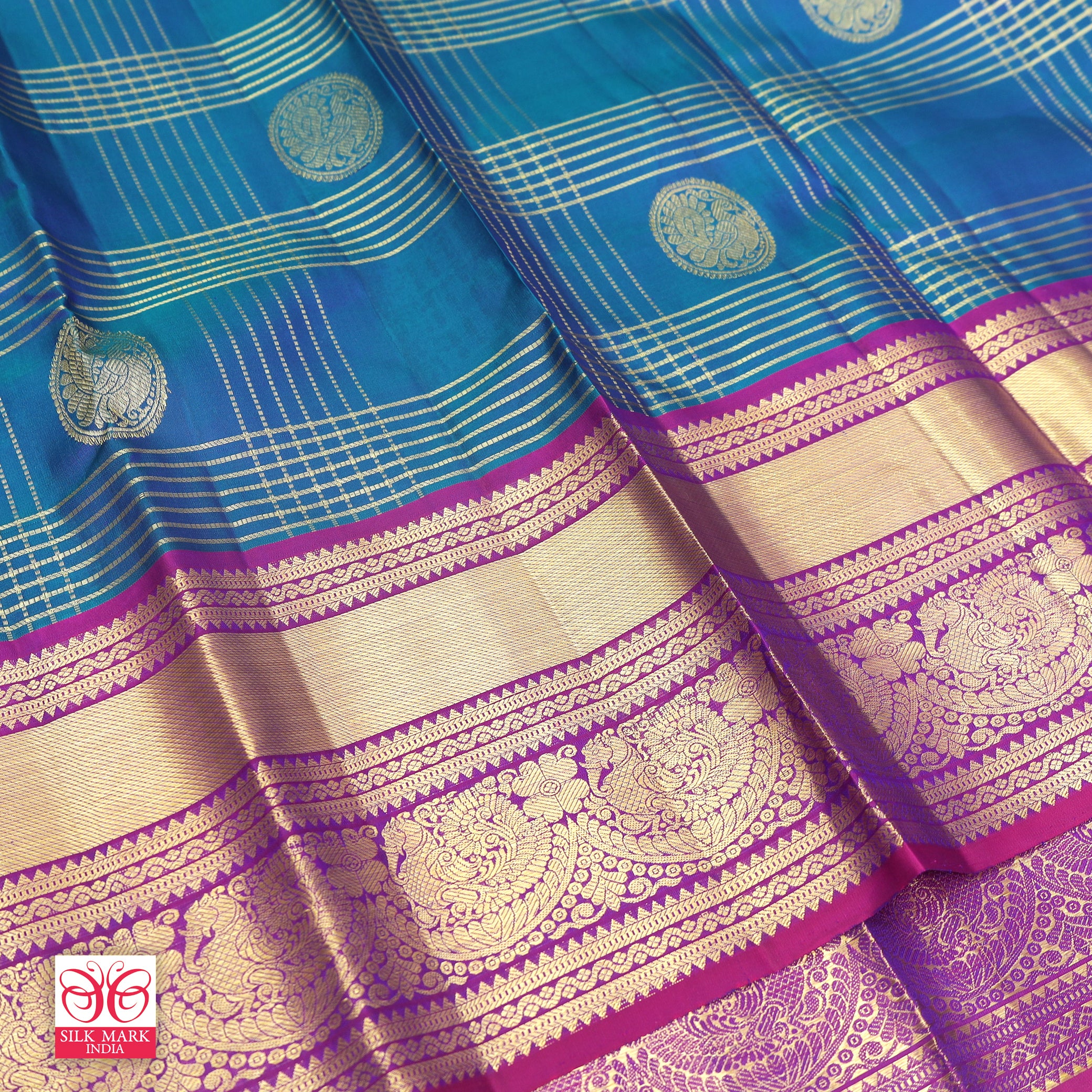 Peacock Blue With Purple Kanchipuram Pure Soft Silk Saree