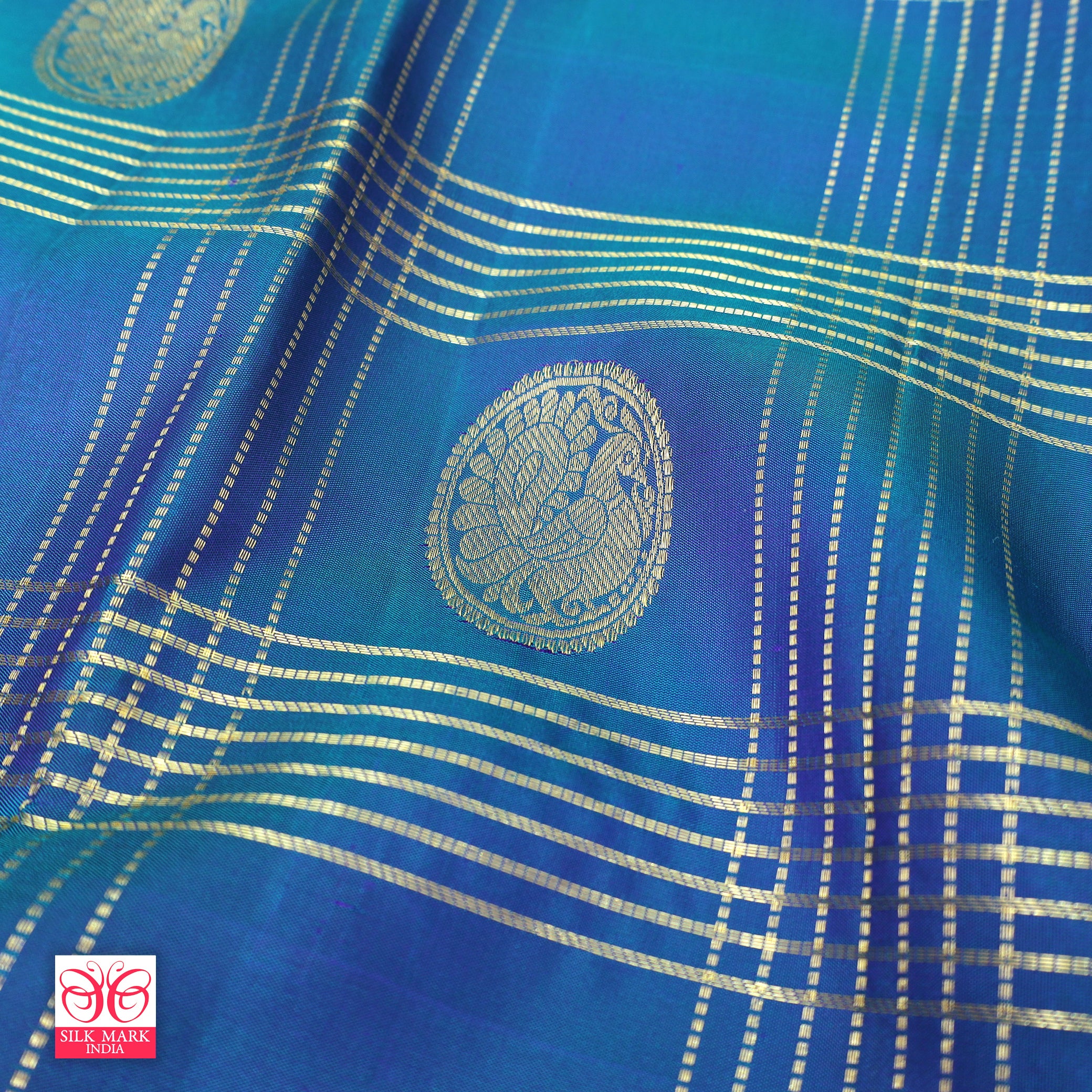 Peacock Blue With Purple Kanchipuram Pure Soft Silk Saree