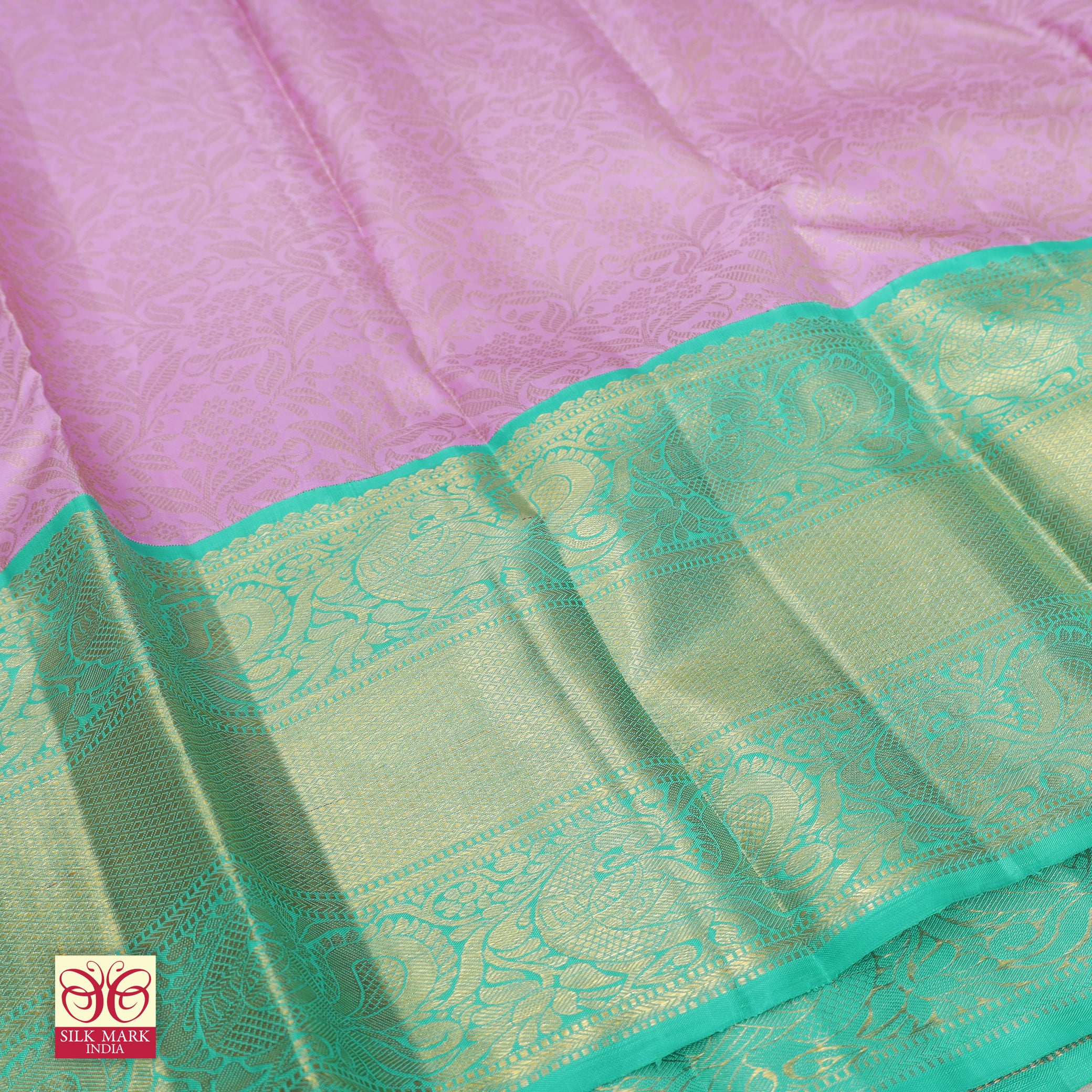 Lavender With Sea Green Gold  Zari Long border Kachipuram Wedding Silk Saree