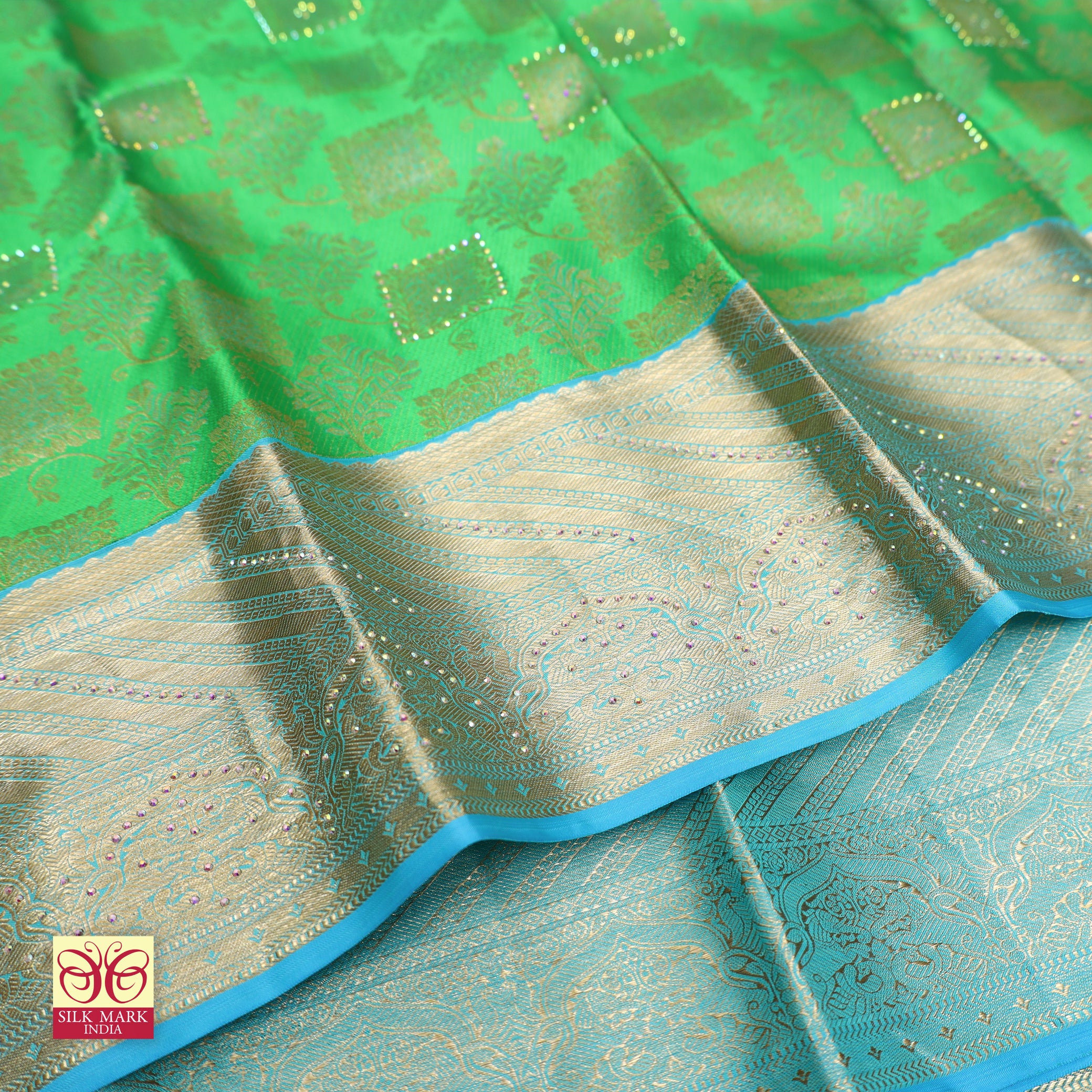 Parrot Green With Sky Blue Gold Zeri Subalaya Wedding Silk Saree