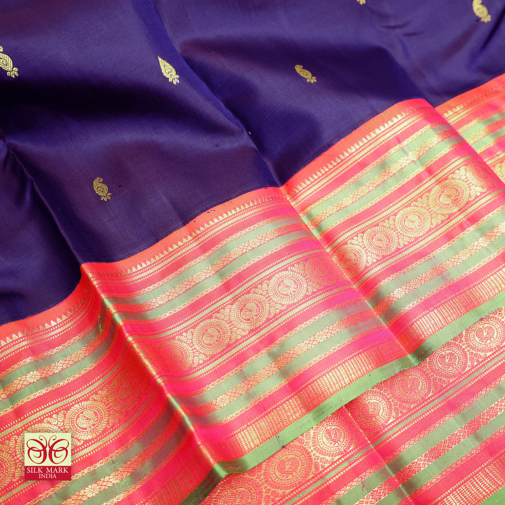 Violet With Pink Gold Zeri  Arani Wedding silk Saree