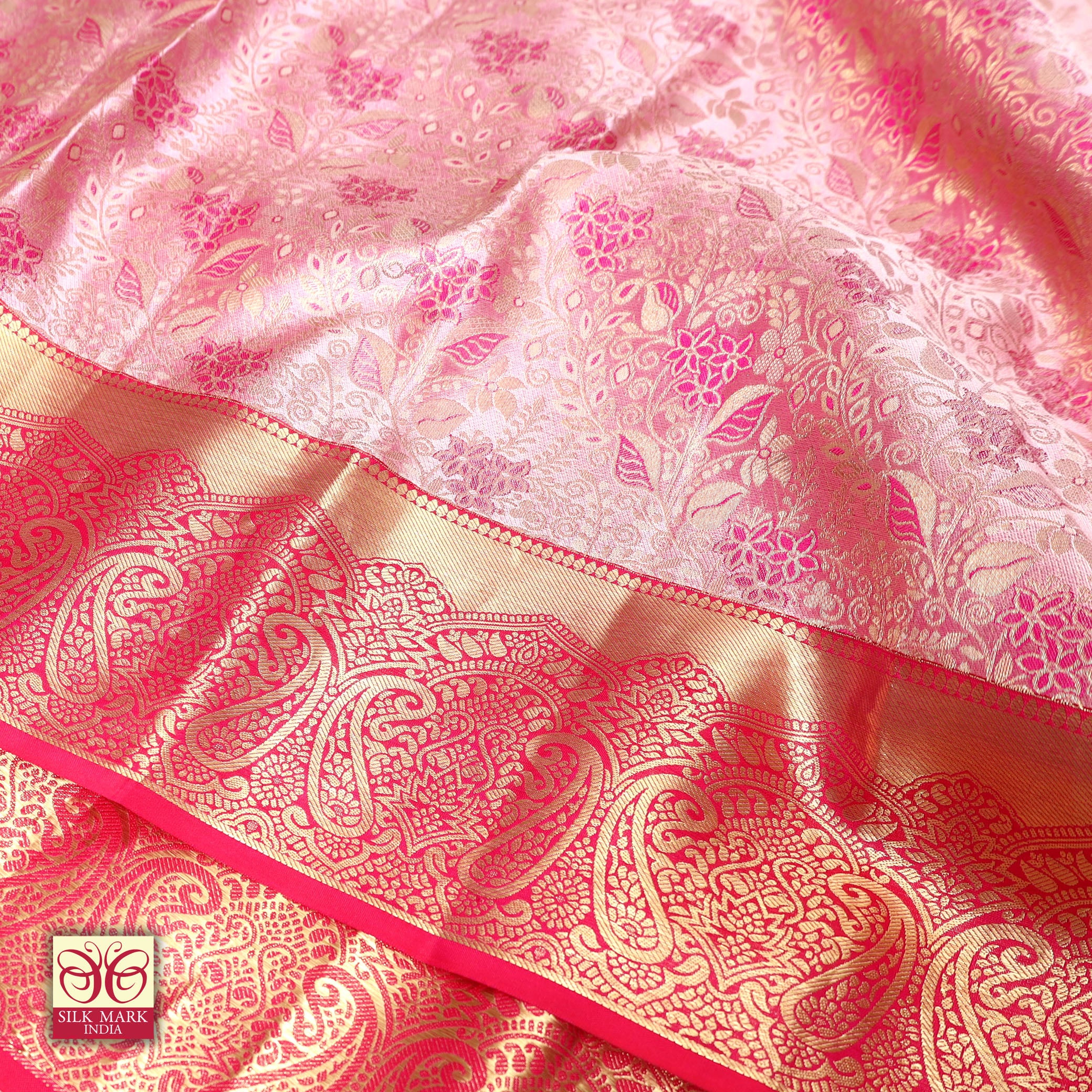 Light Pink With Pink Gold Zeri Subalaya Wedding Silk Saree