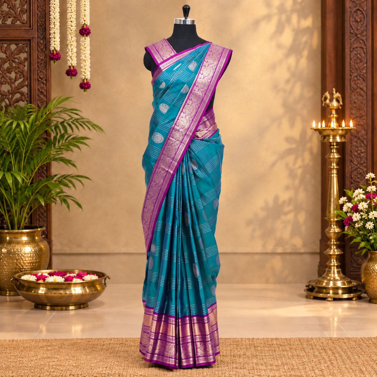 Peacock Blue With Purple Kanchipuram Pure Soft Silk Saree