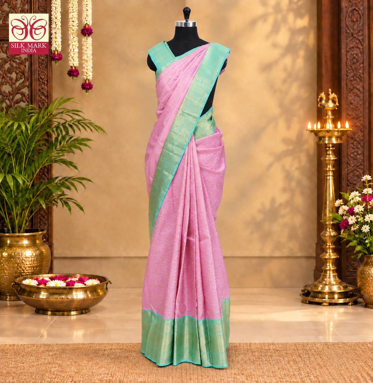 Lavender With Sea Green Gold  Zari Long border Kachipuram Wedding Silk Saree