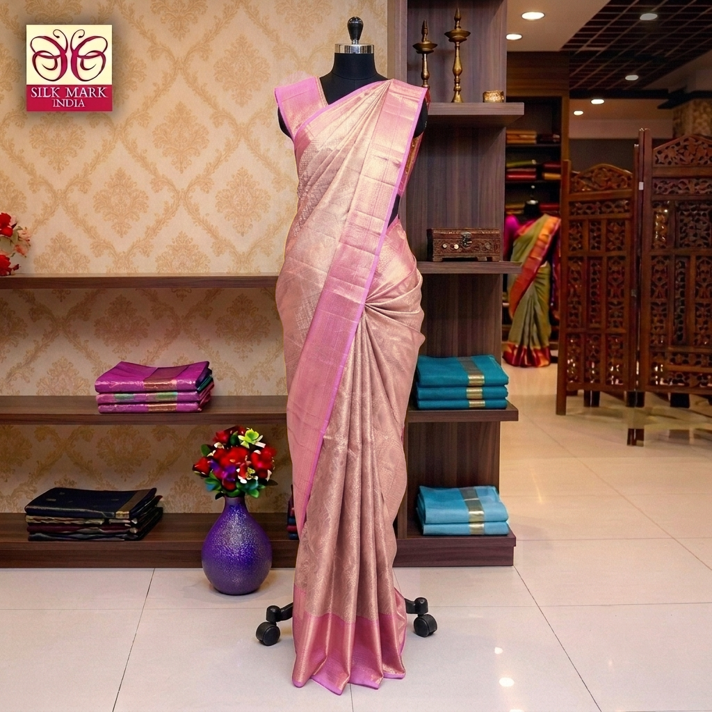 Pastel Pink With Baby Pink Tissue Kanchipuram Wedding Silk Saree