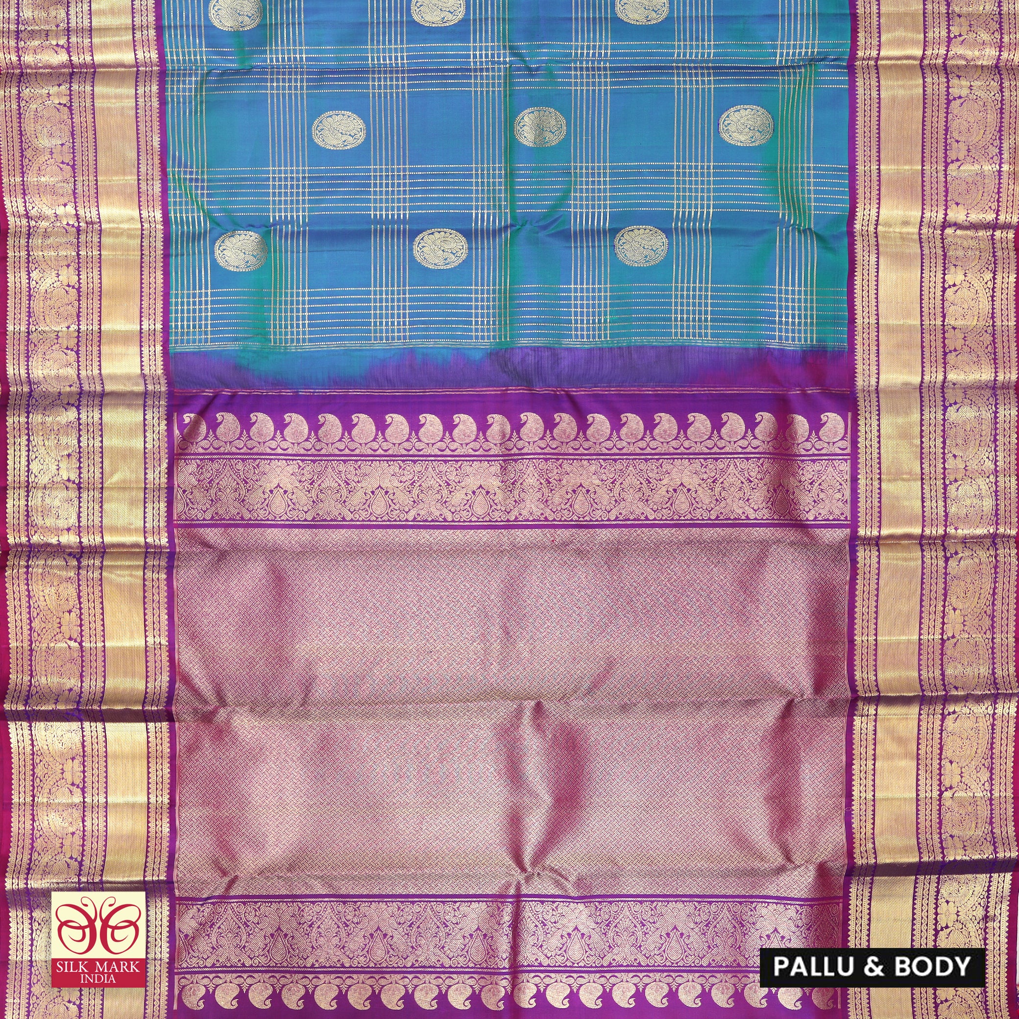 Peacock Blue With Purple Kanchipuram Pure Soft Silk Saree