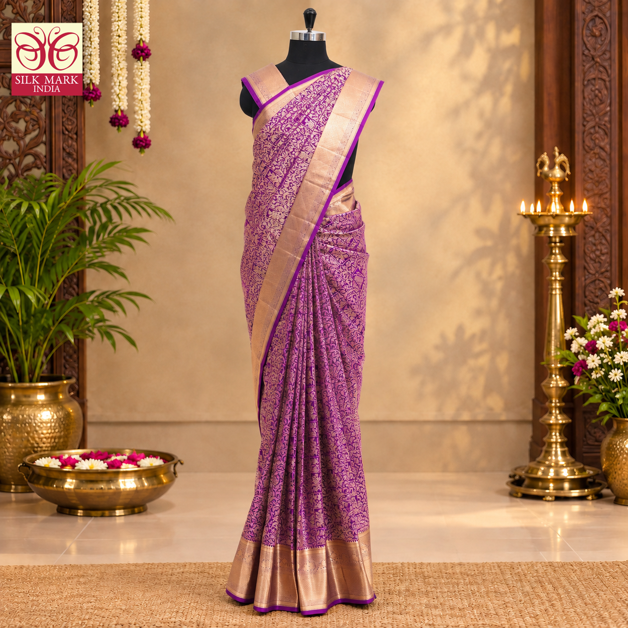 Violet With Gold Zari Border Subalaya Wedding Silk Saree    .