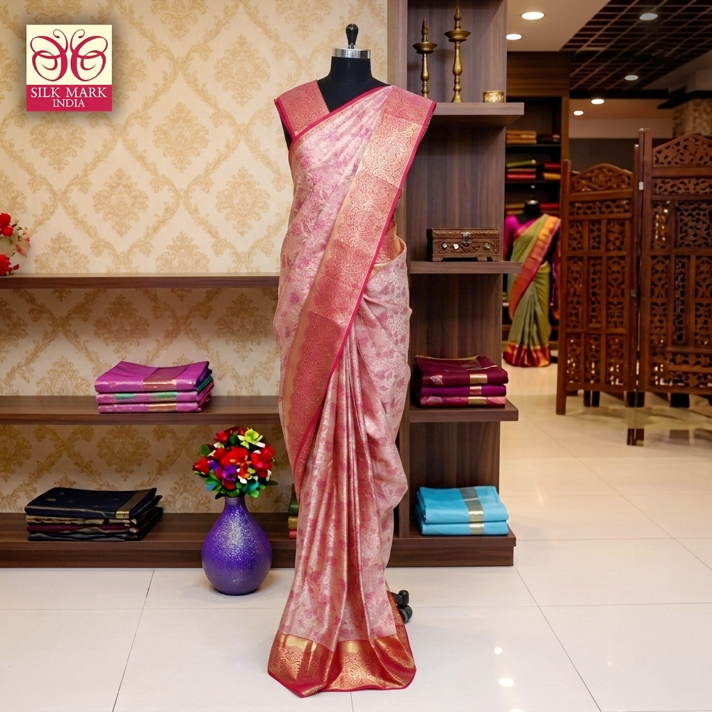 Light Pink With Pink Gold Zeri Subalaya Wedding Silk Saree